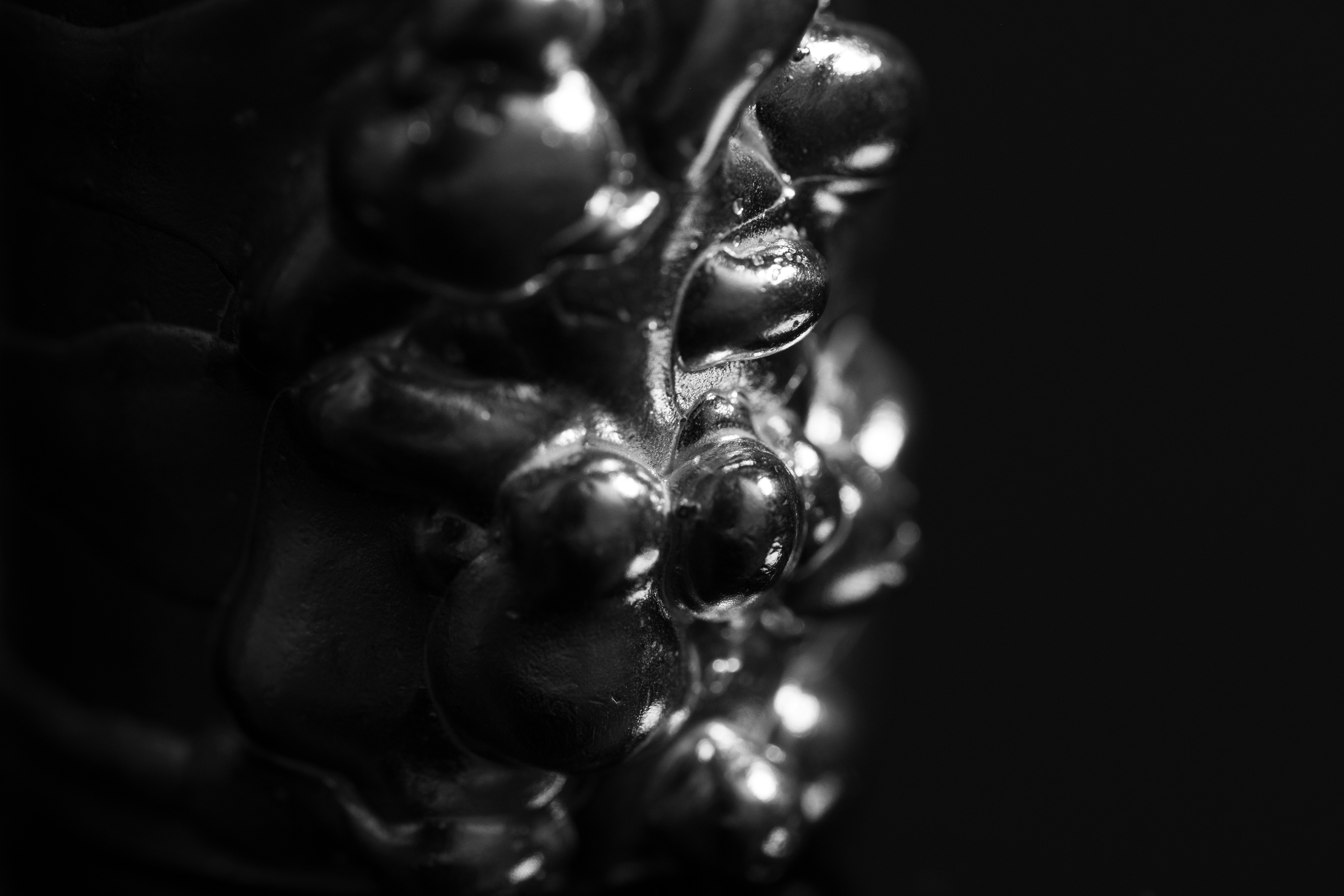 Vue macro de formes organiques noires brillantes avec des surfaces arrondies et des surlignures