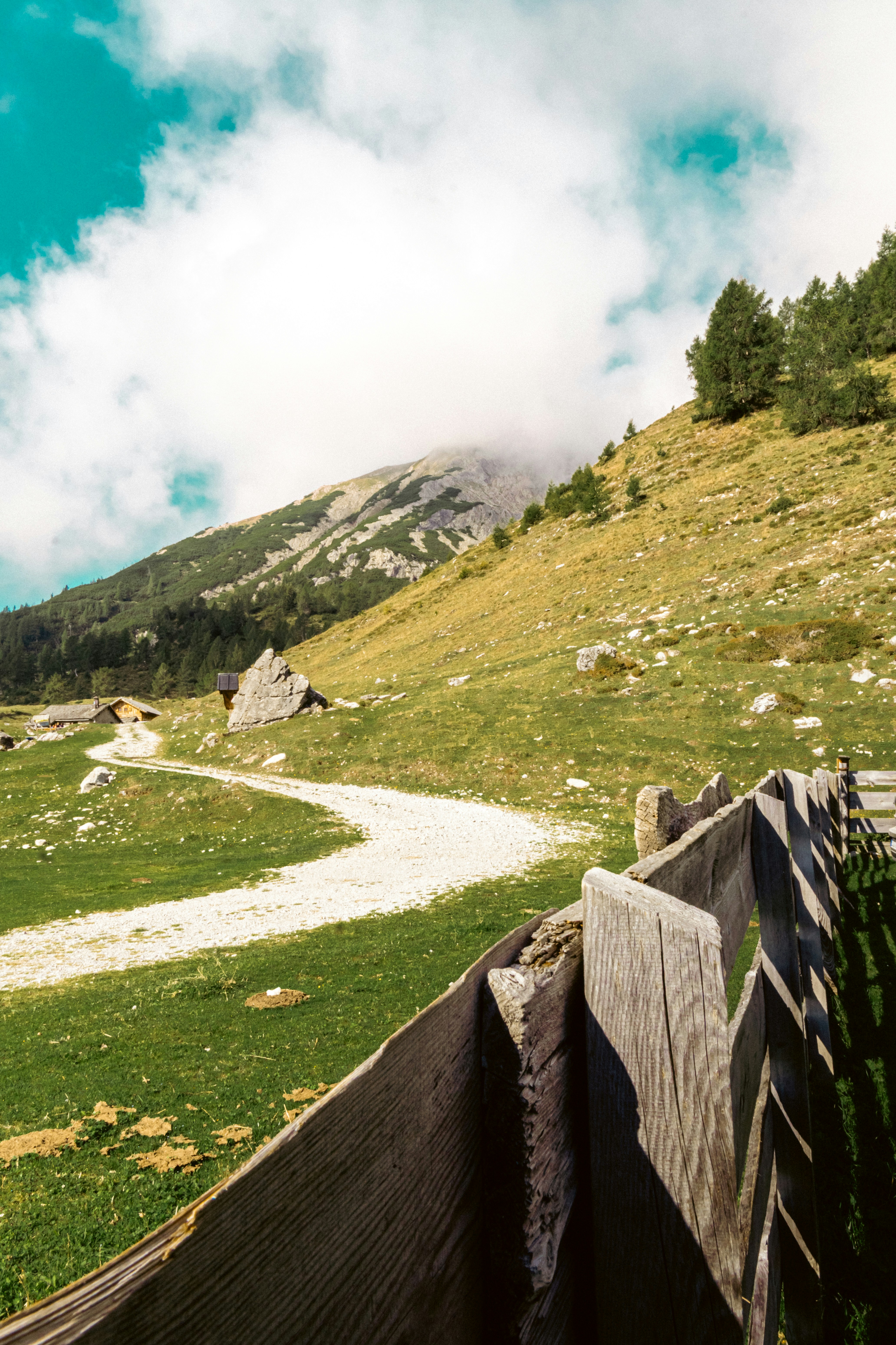 A gravel path winding through a green mountain pasture with a wooden fence