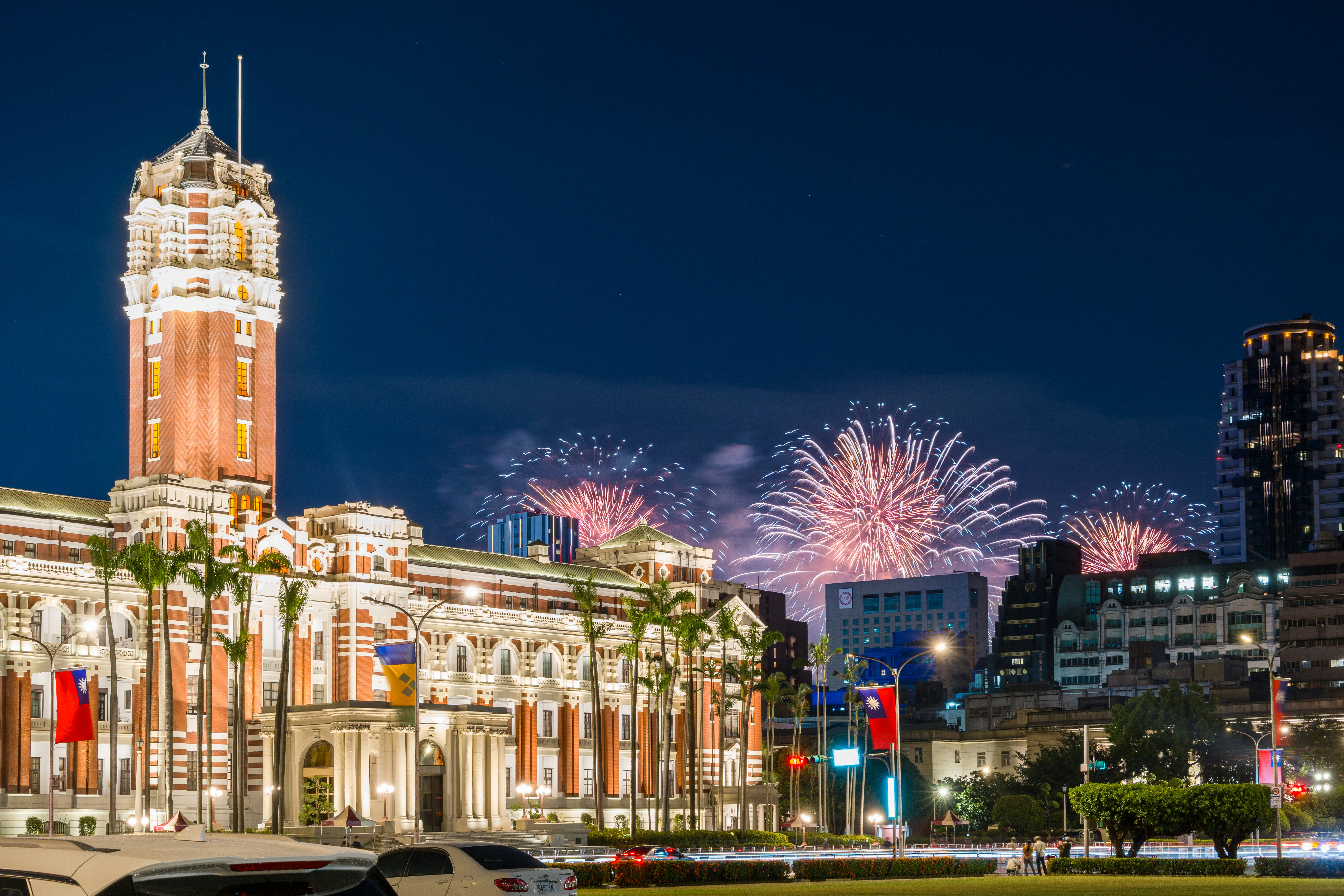 Fireworks over the Presidential Office Building in Taipei at night