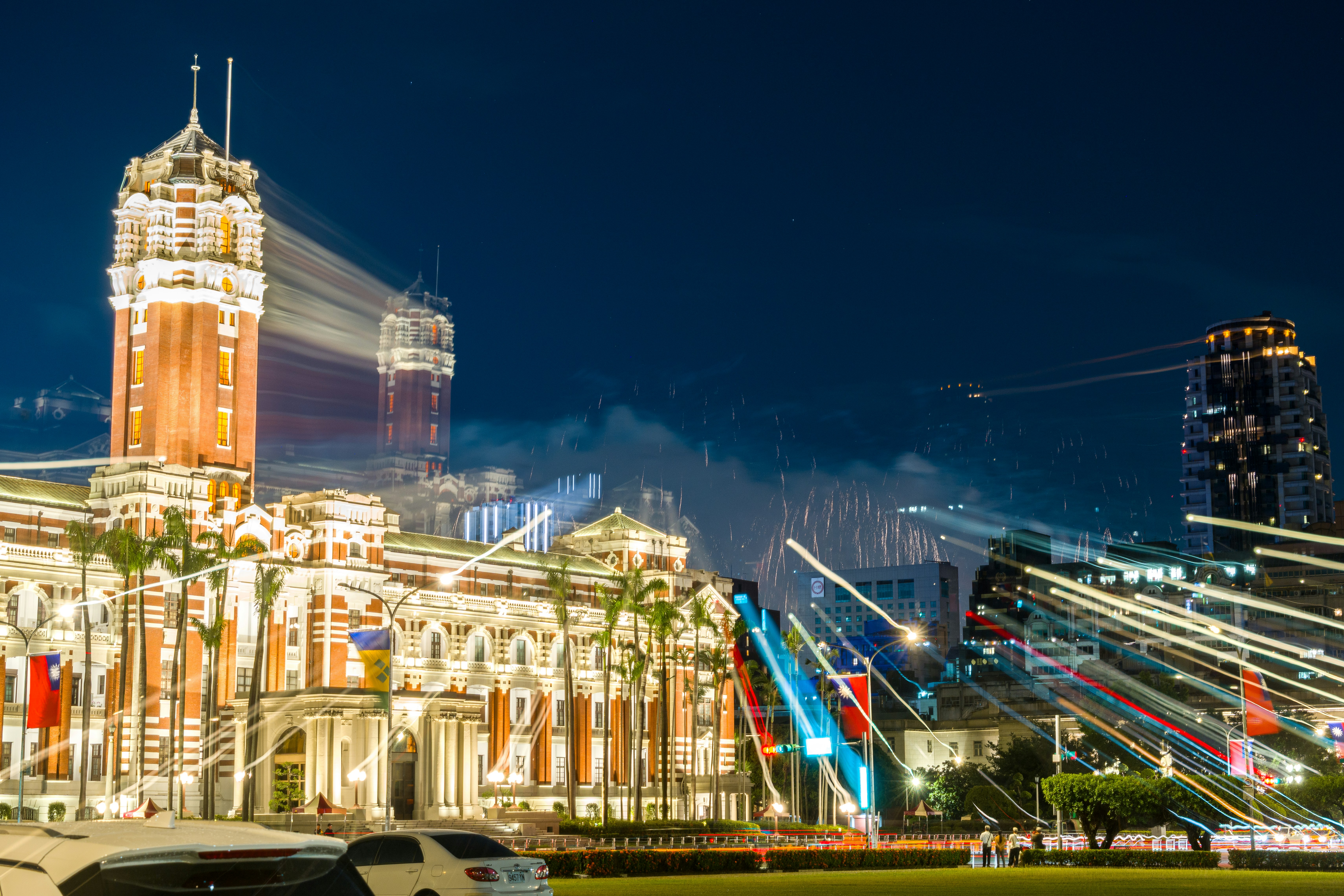 Long exposure light trails in front of the Presidential Office Building in Taipei at night
