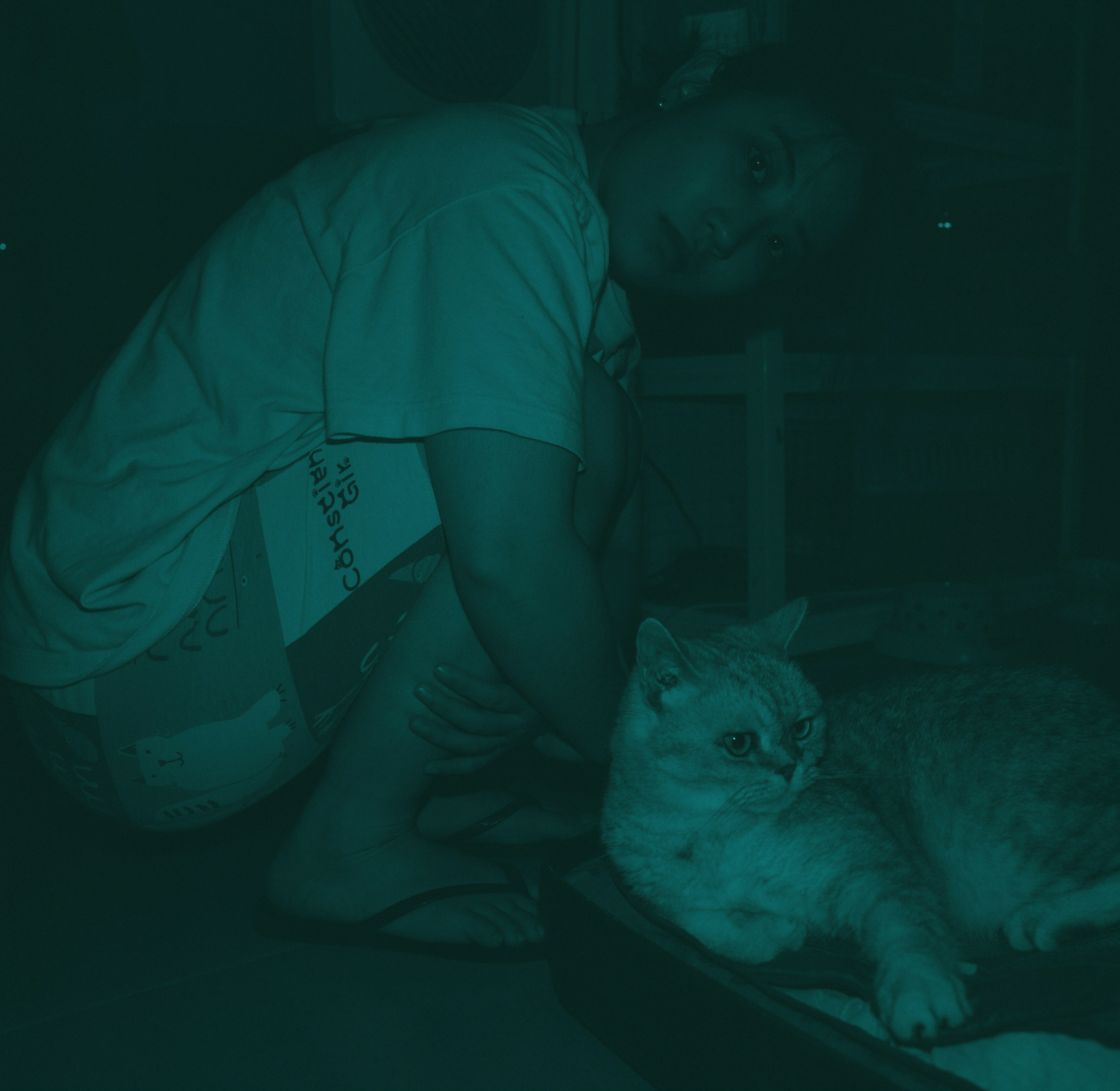 A person crouching beside a cat in a dimly lit room with teal light