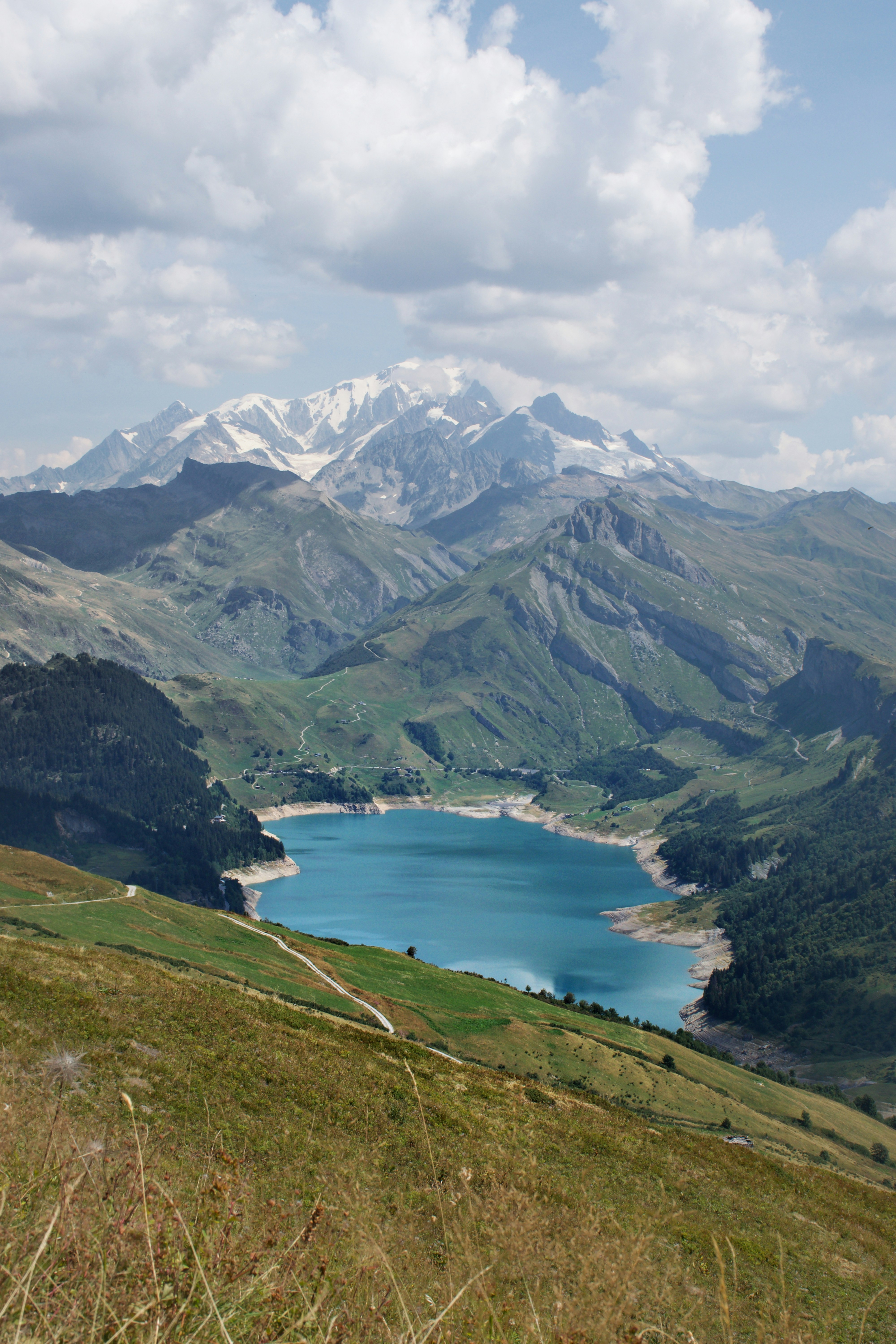A turquoise lake in a green mountain valley below the snow-capped Mont Blanc