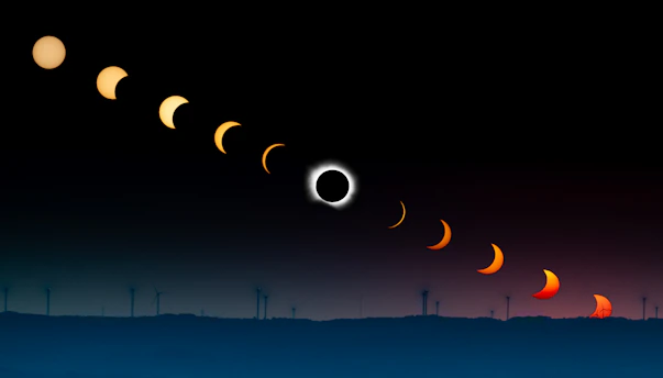 A sequence of a solar eclipse above a dark horizon with wind turbines