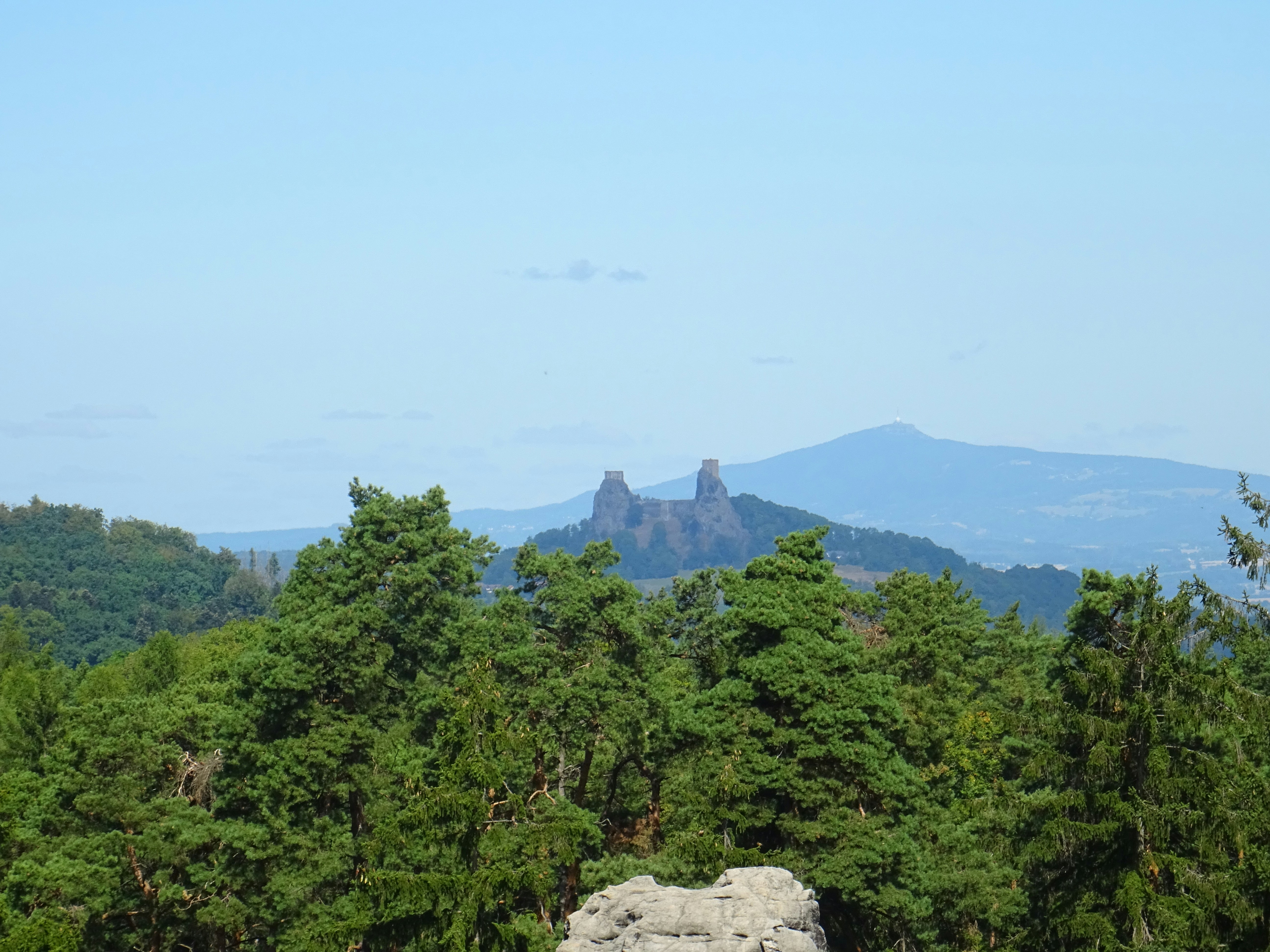 A stone castle ruin on a rocky hill above a dense pine forest