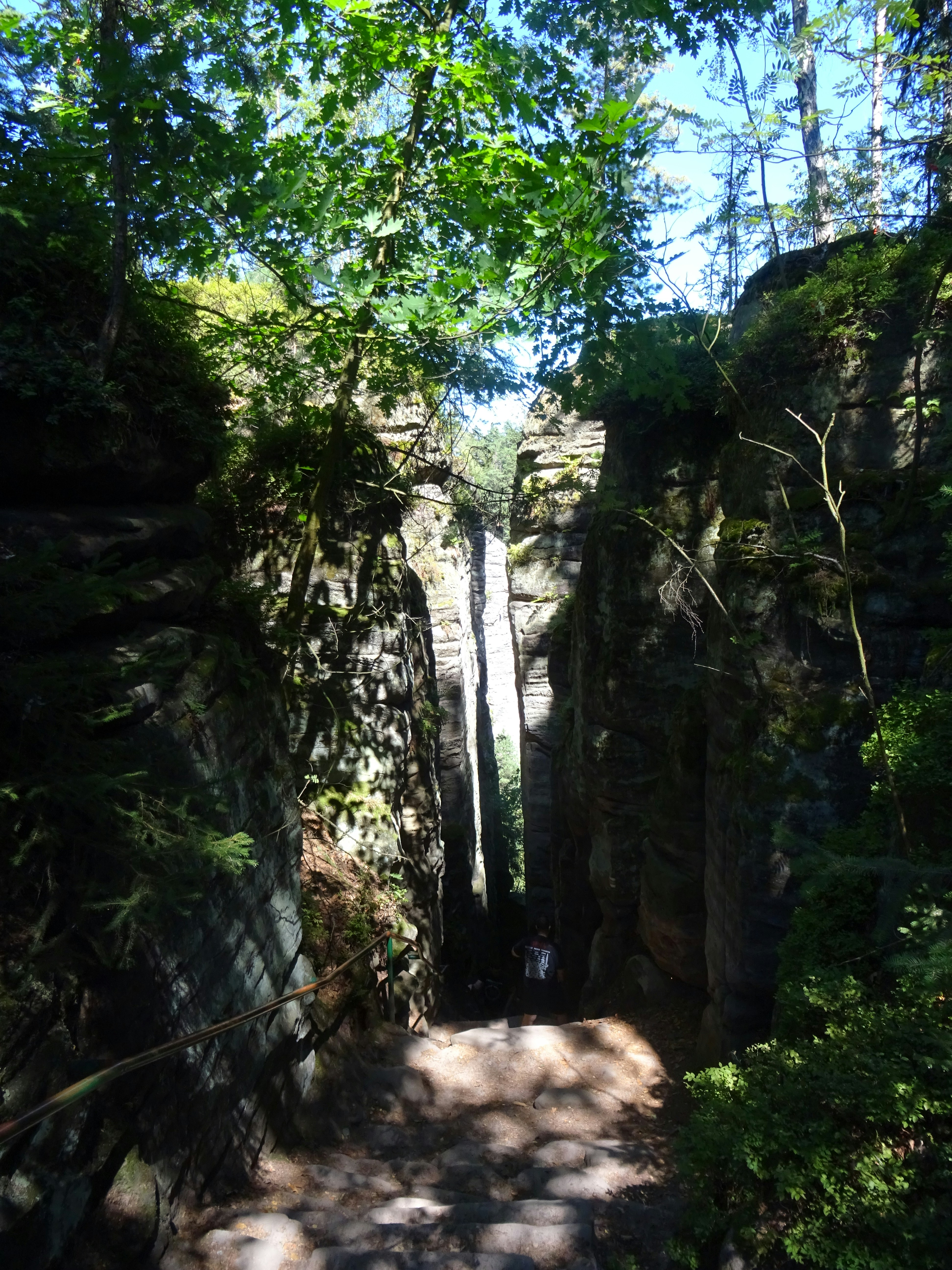 A person walking down stone stairs between tall mossy rock formations in a forest