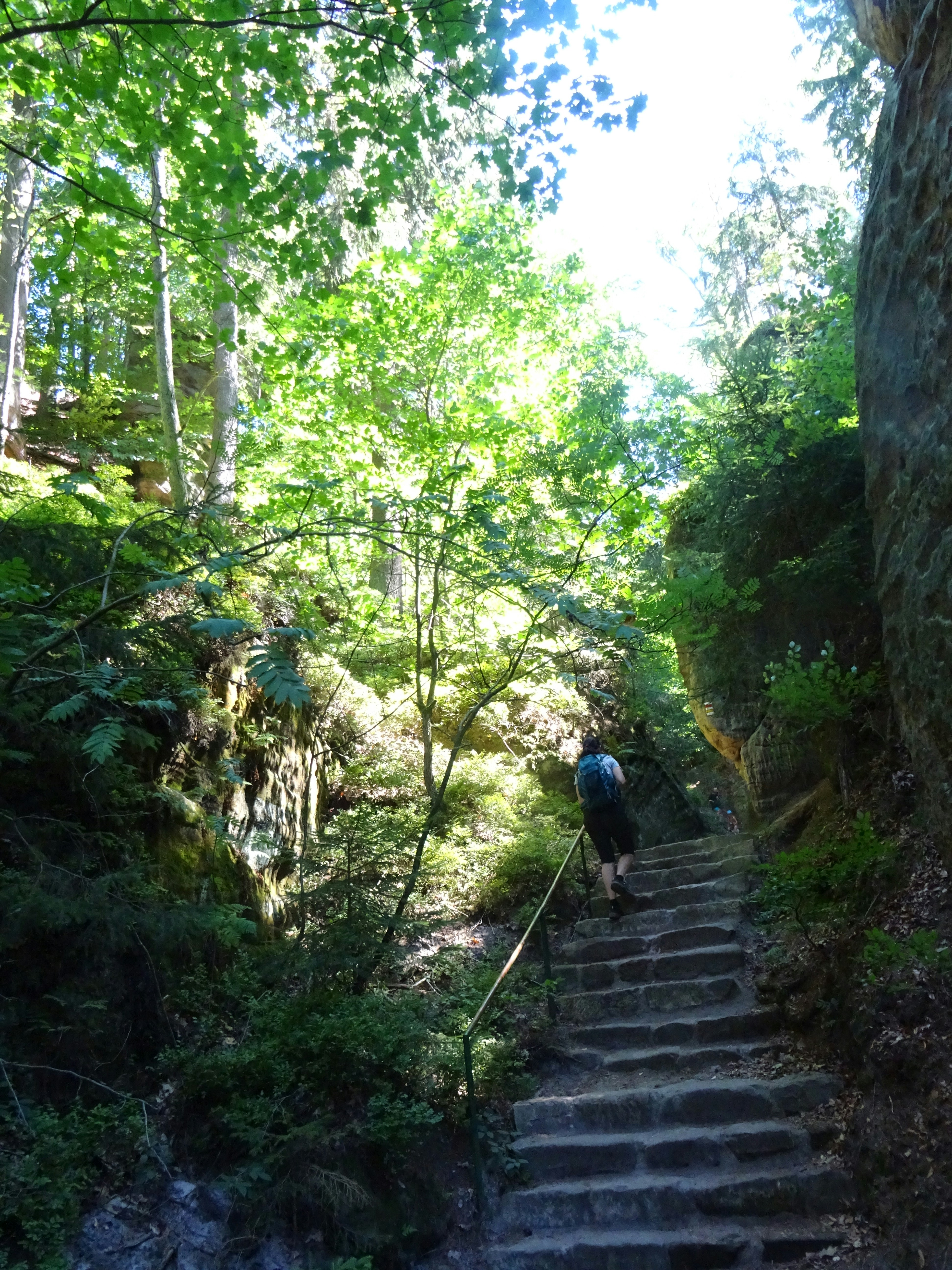 A person with a backpack climbing stone stairs between mossy rock walls in a forest
