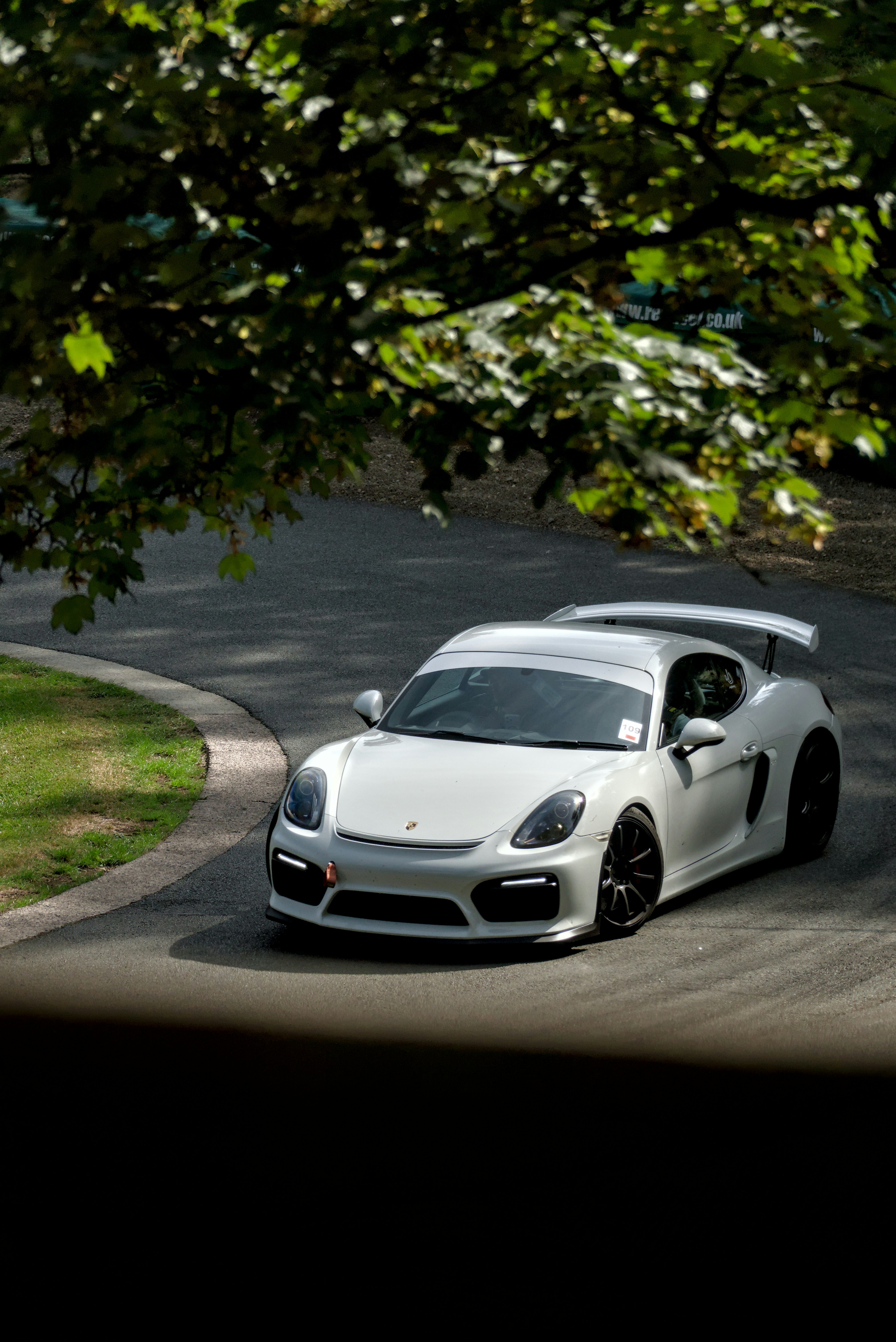 A white sports car driving around a curved track under tree branches
