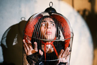 A person wearing a red headpiece inside a metal birdcage