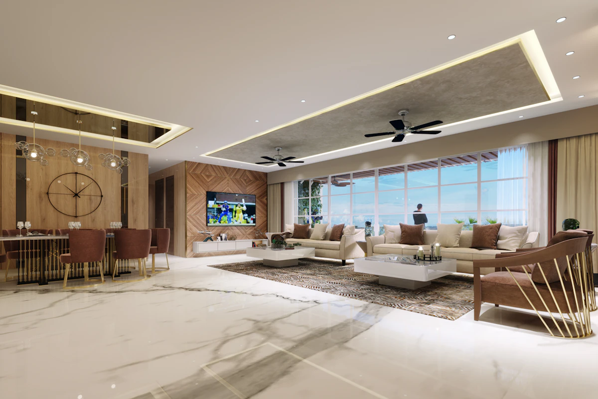 A spacious living room with marble floors, beige sofas, and a dining area