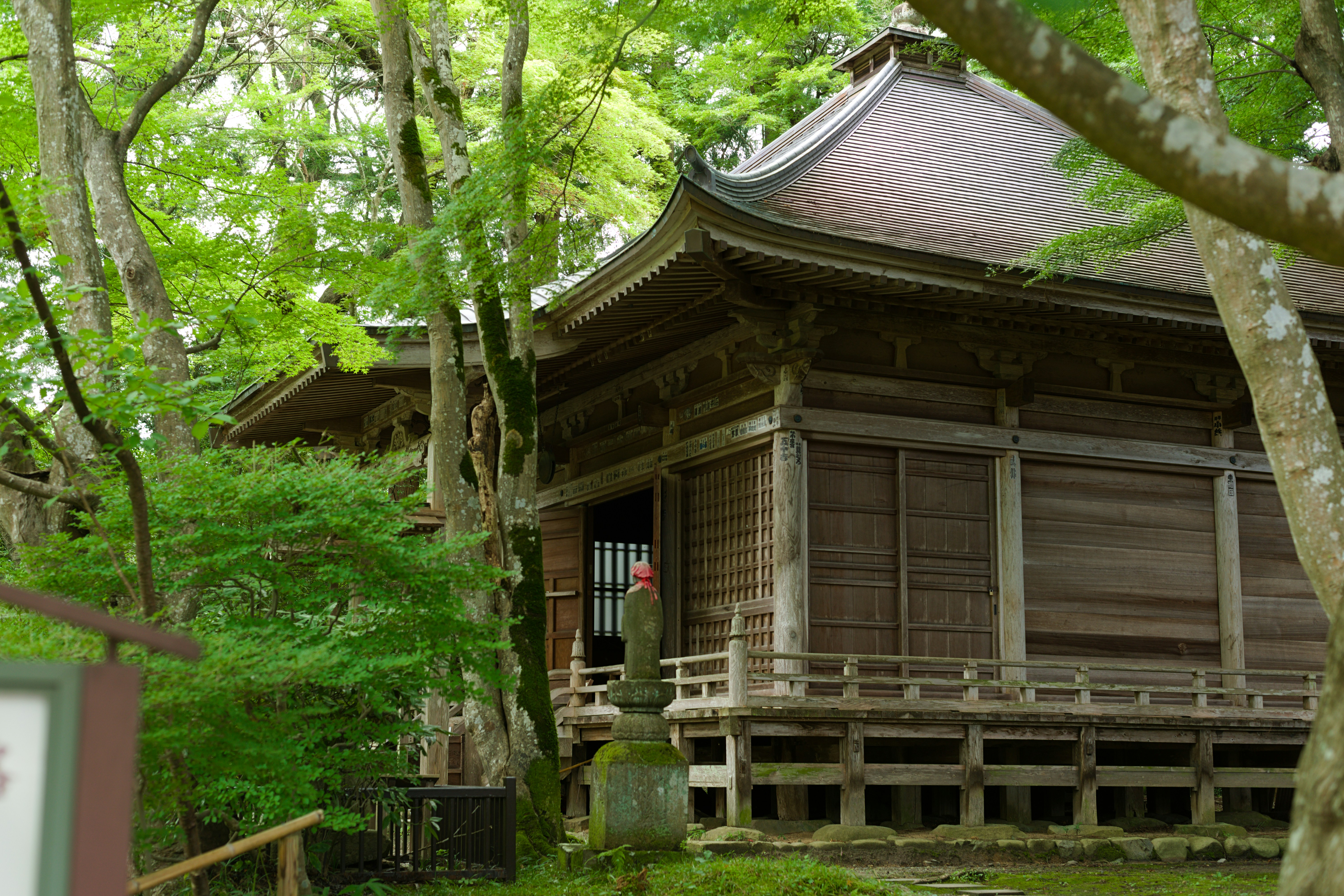 A traditional wooden temple building surrounded by lush green trees in a forest