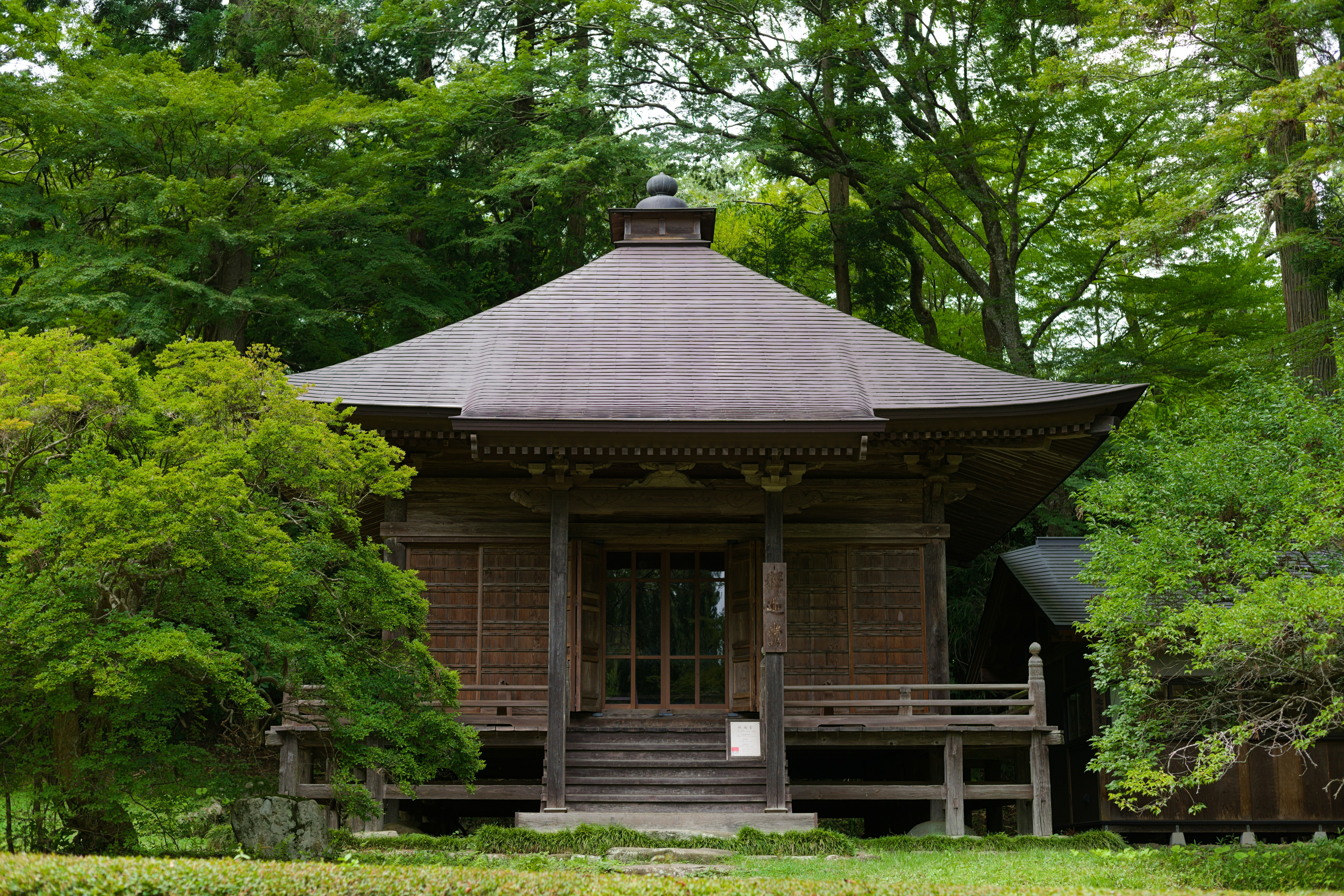 A traditional wooden temple building surrounded by lush green trees in a forest