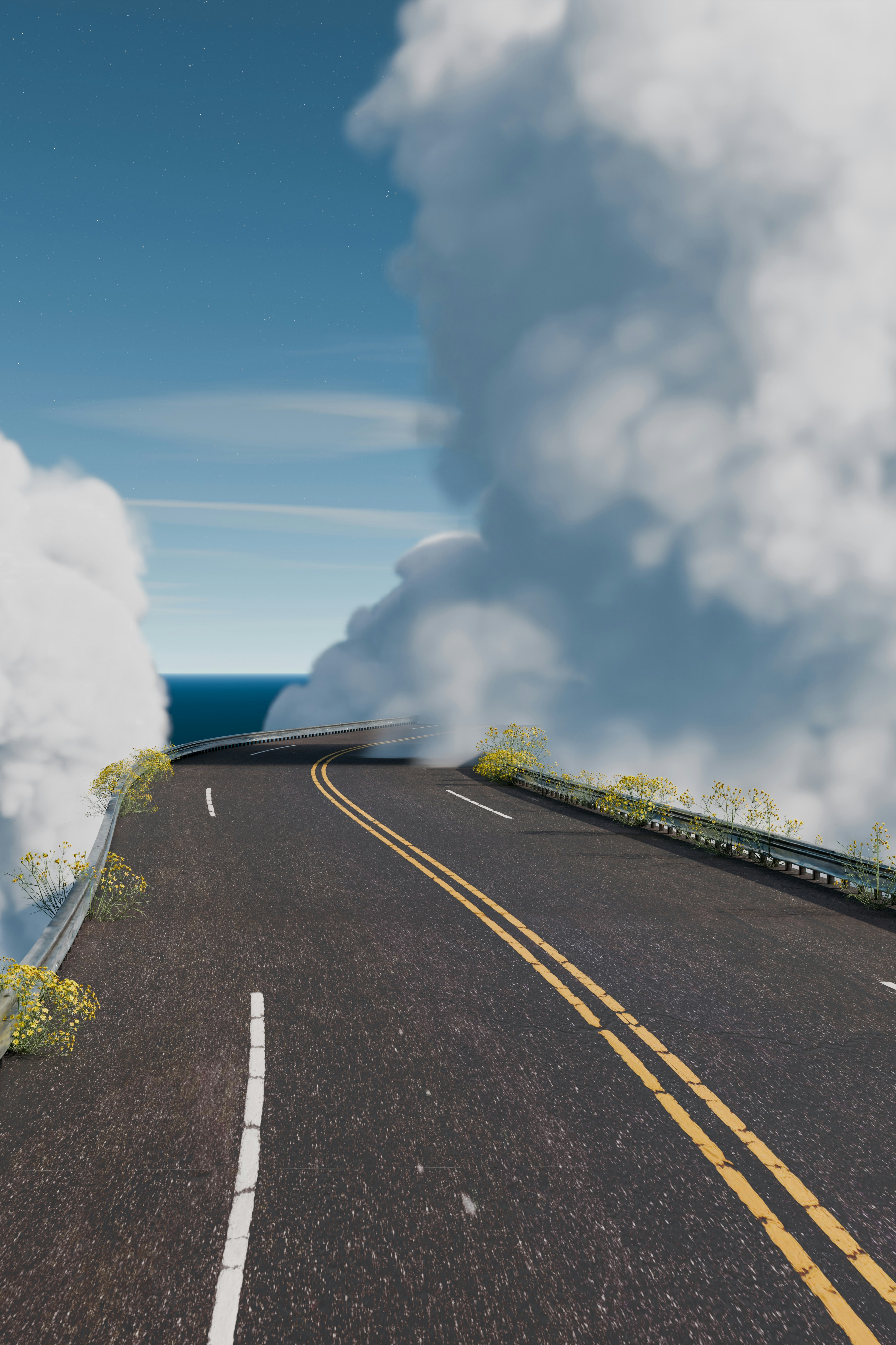 An asphalt road curving through thick white clouds under a clear blue sky