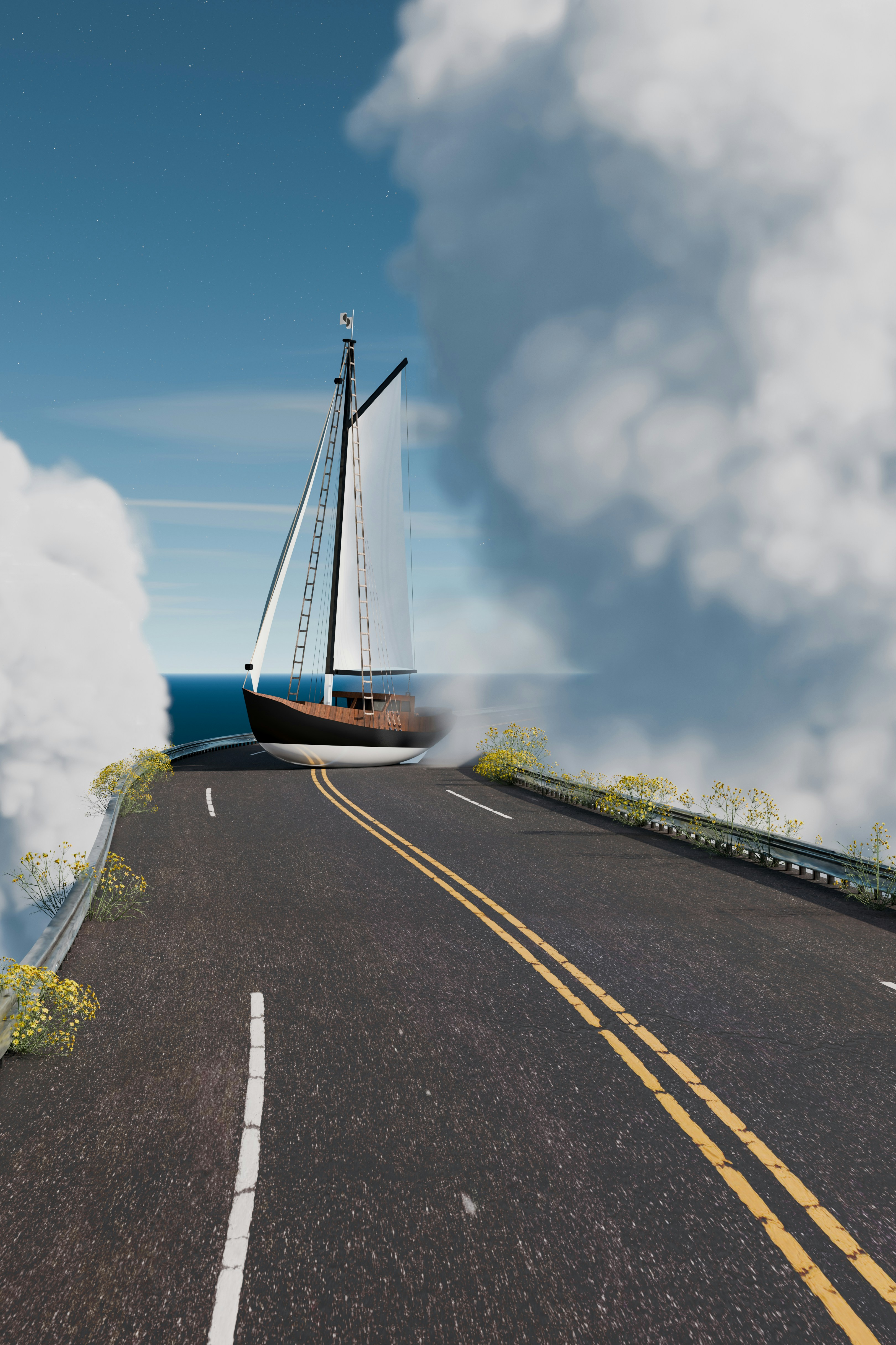 A sailboat on a paved road surrounded by clouds and yellow wildflowers