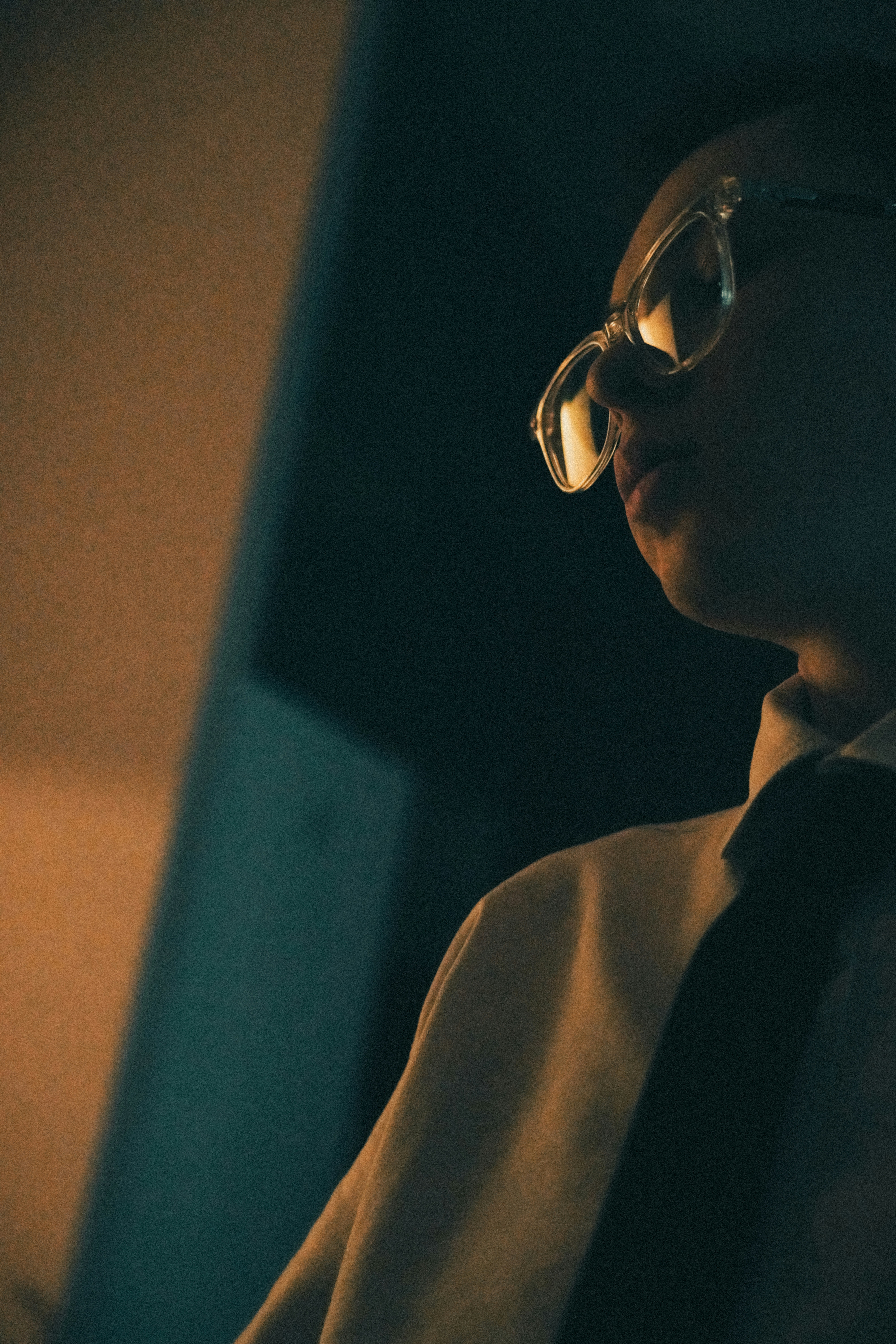 Una persona con gafas transparentes y camisa con cuello en una luz cálida y tenue