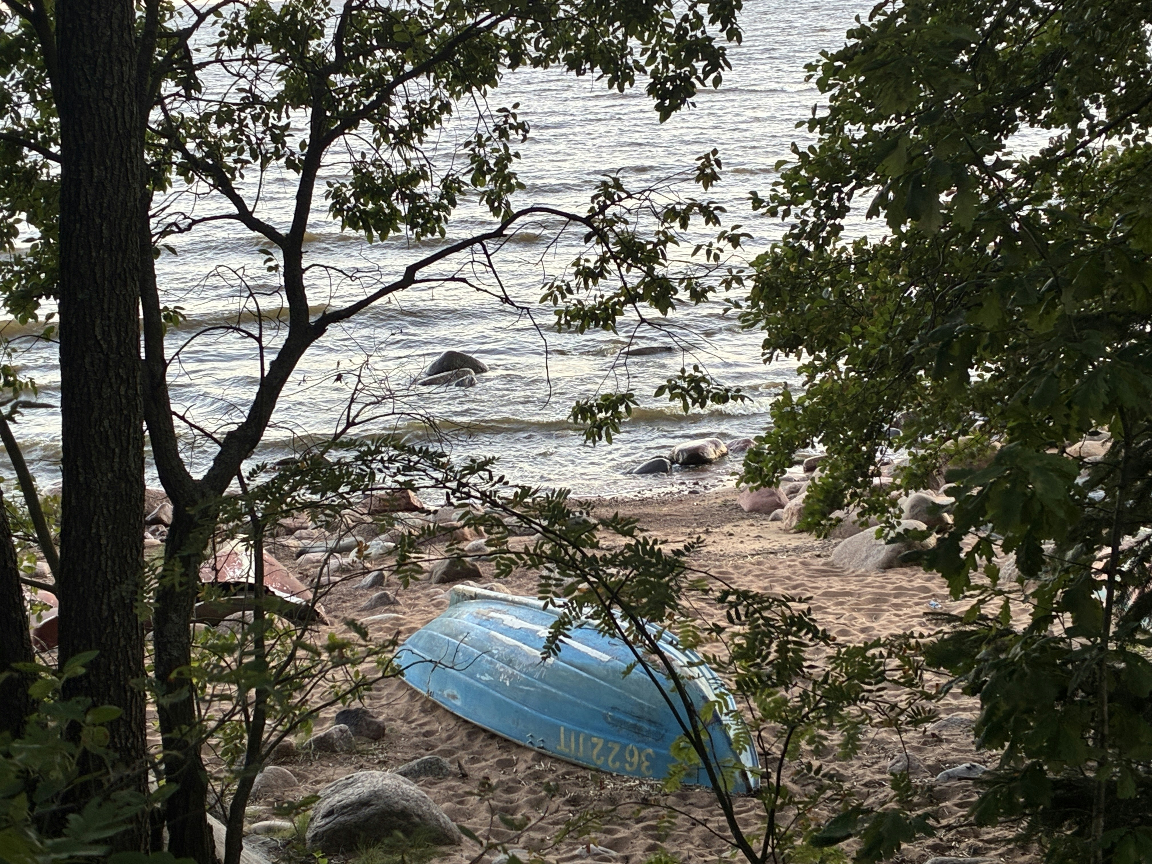 A blue rowboat overturned on a sandy beach near trees and water