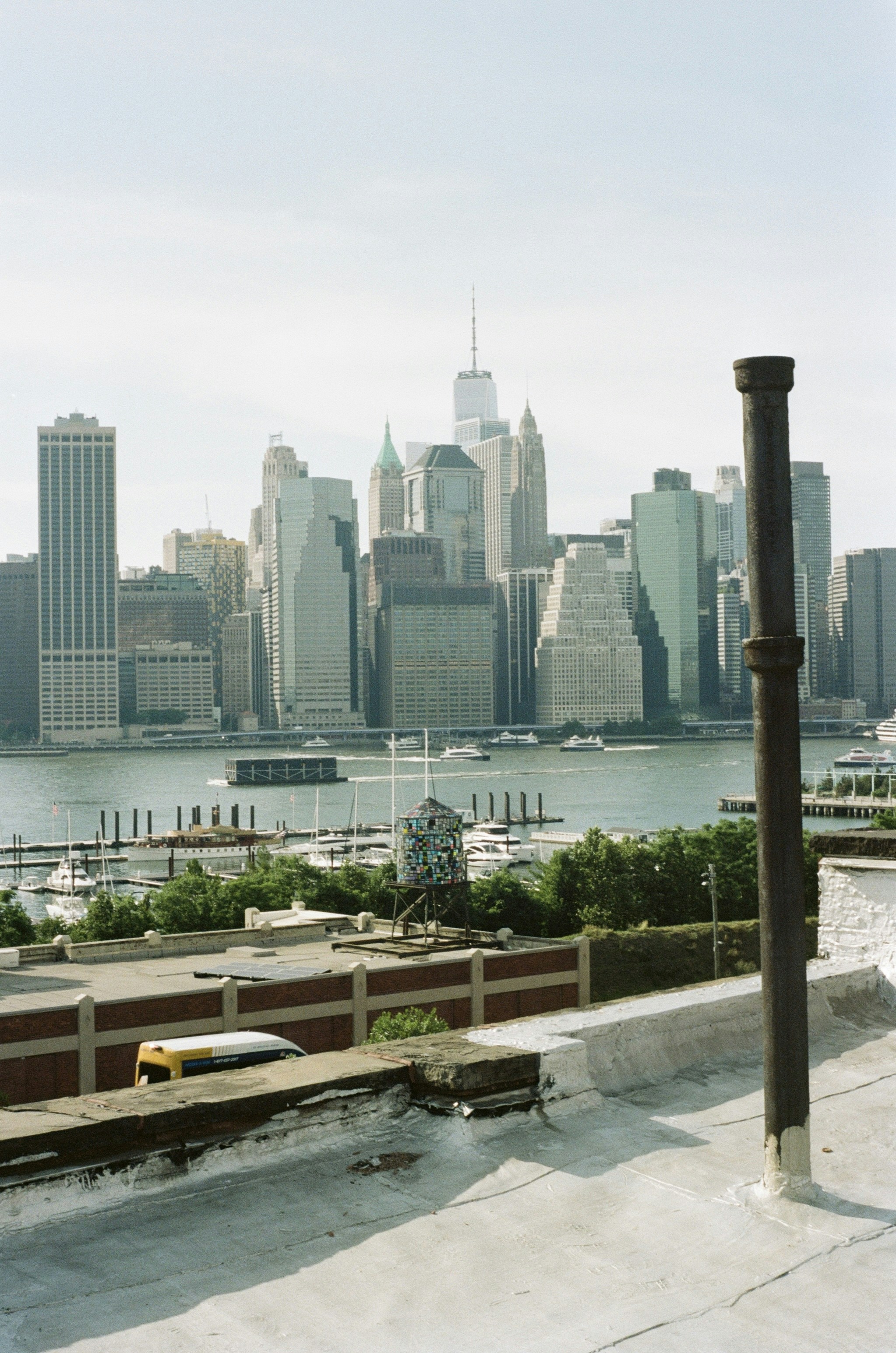 The Manhattan skyline across the East River from a rooftop in New York City