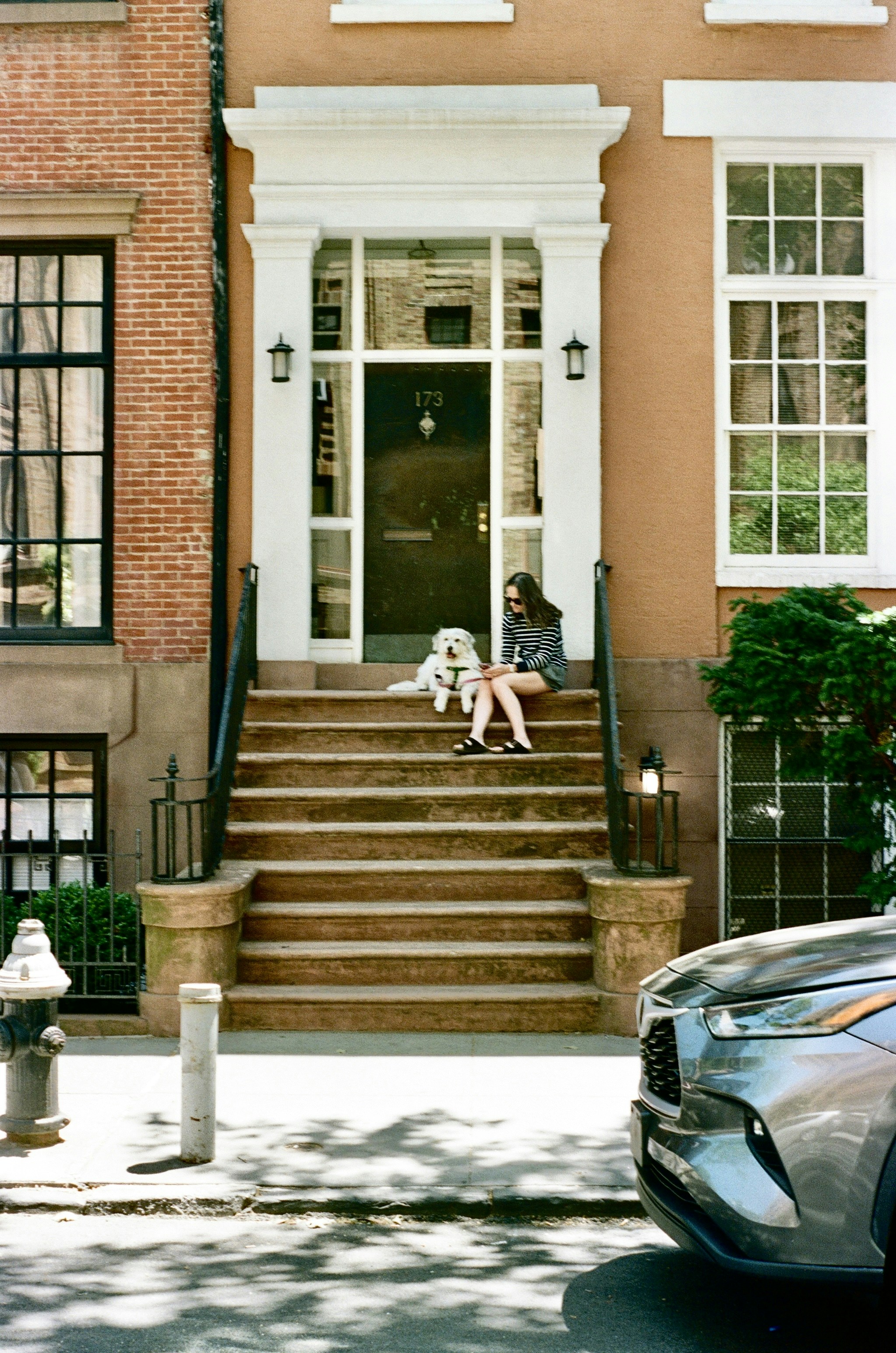 A woman in a striped shirt with a white dog on brown stone steps