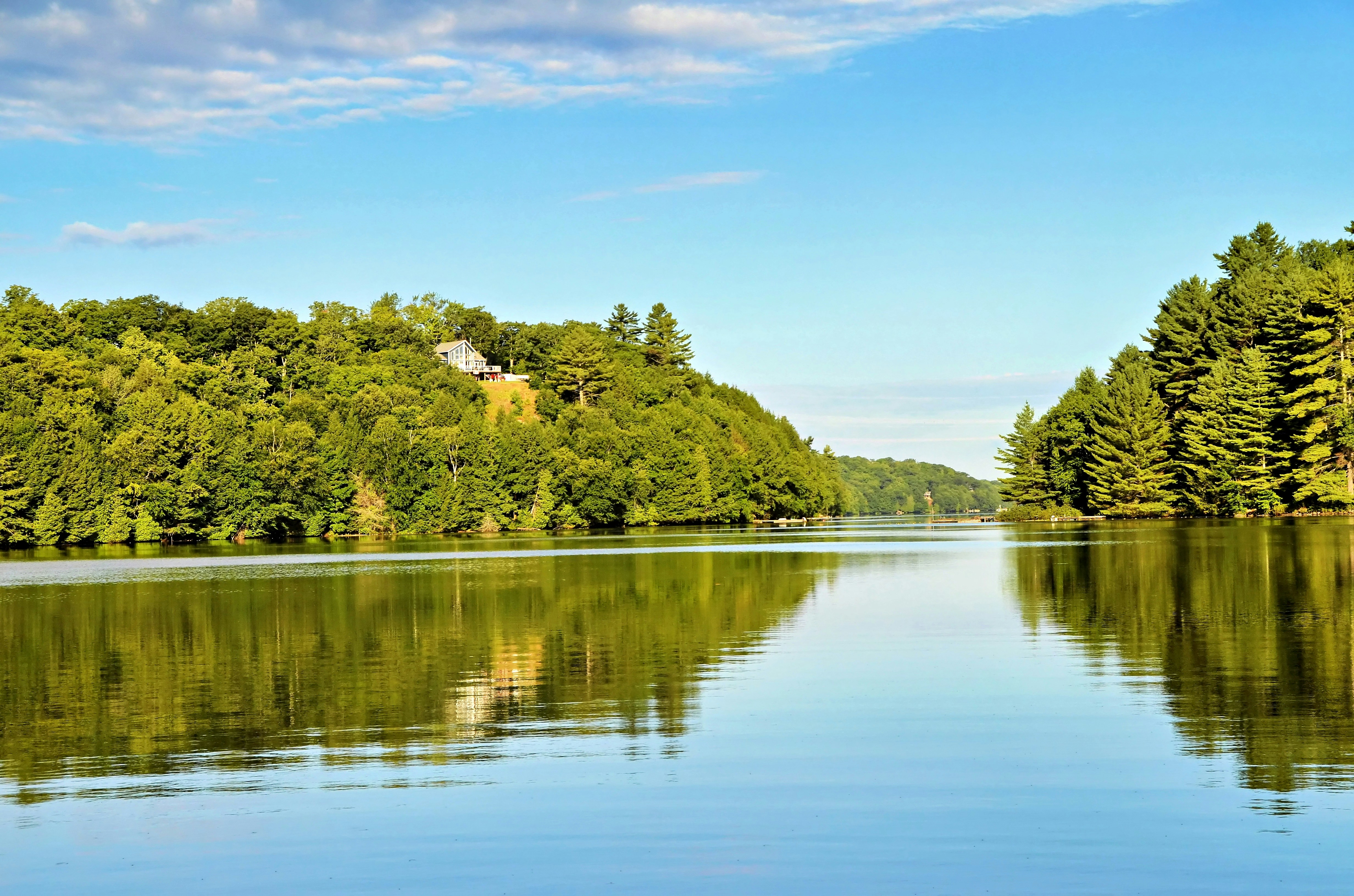 A house on a forested hill overlooking a calm lake under a blue sky