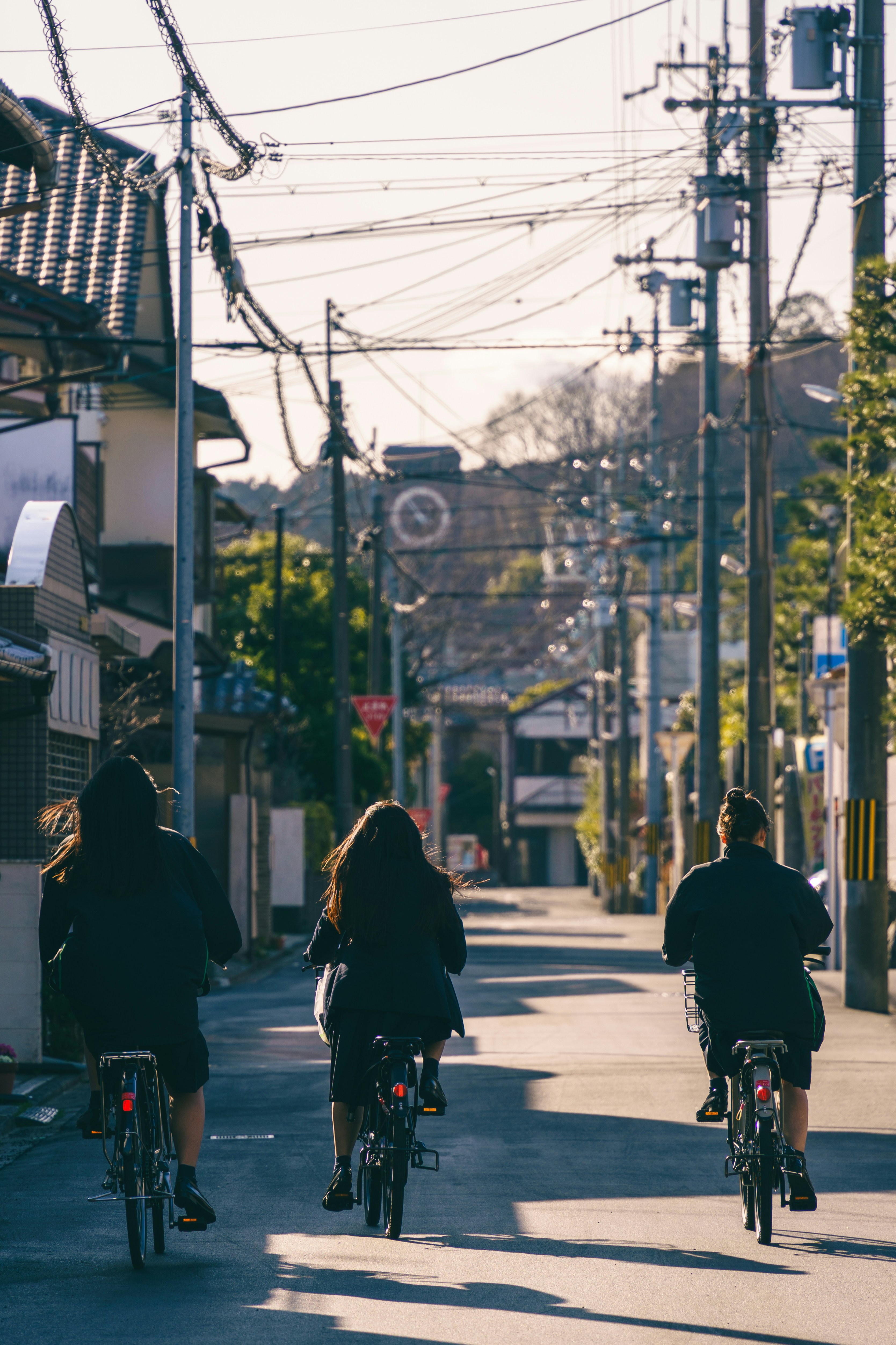 Three people cycling down a narrow street lined with houses and utility poles