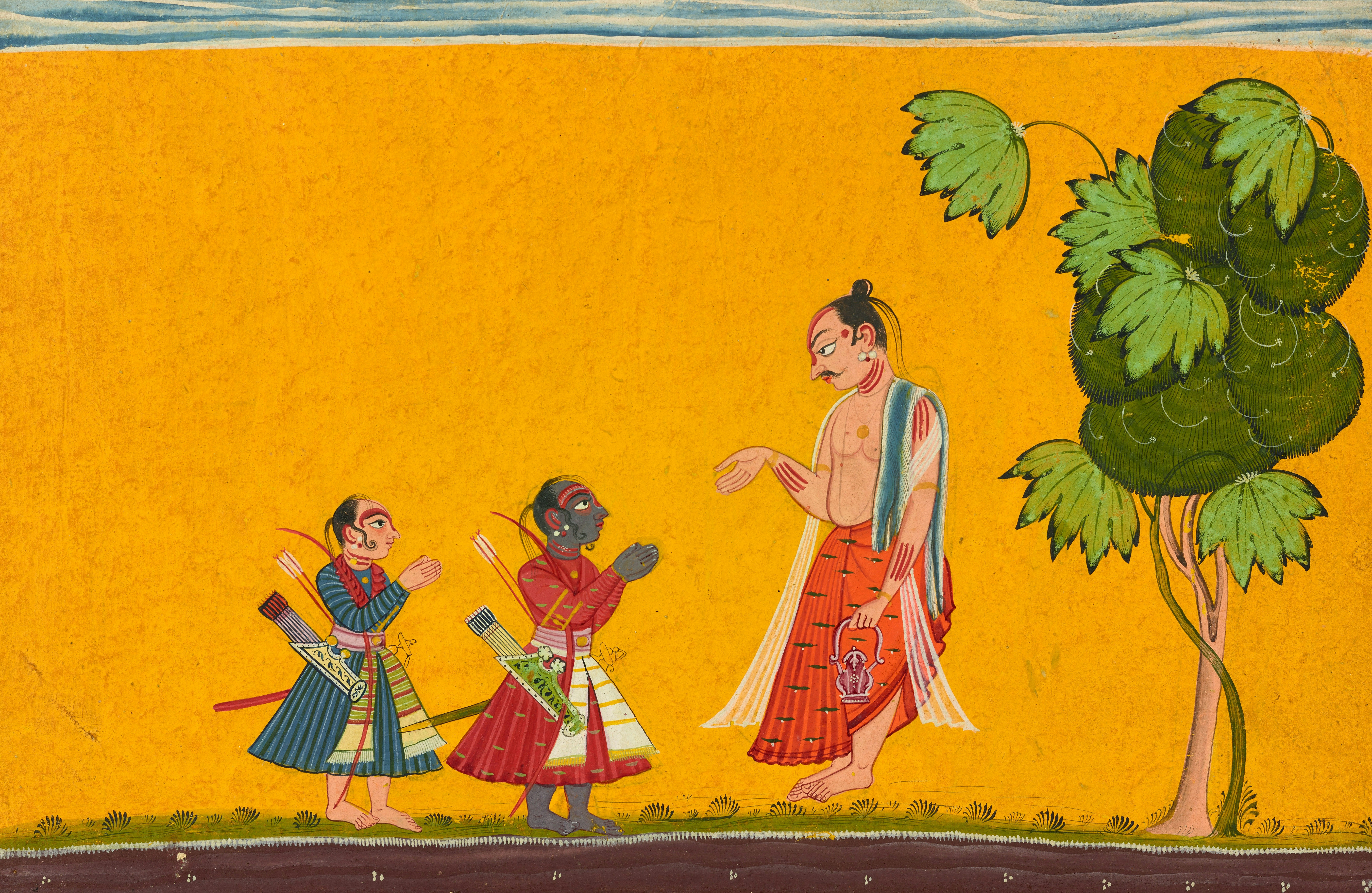 Two people with bows and arrows greeting a man near a tree