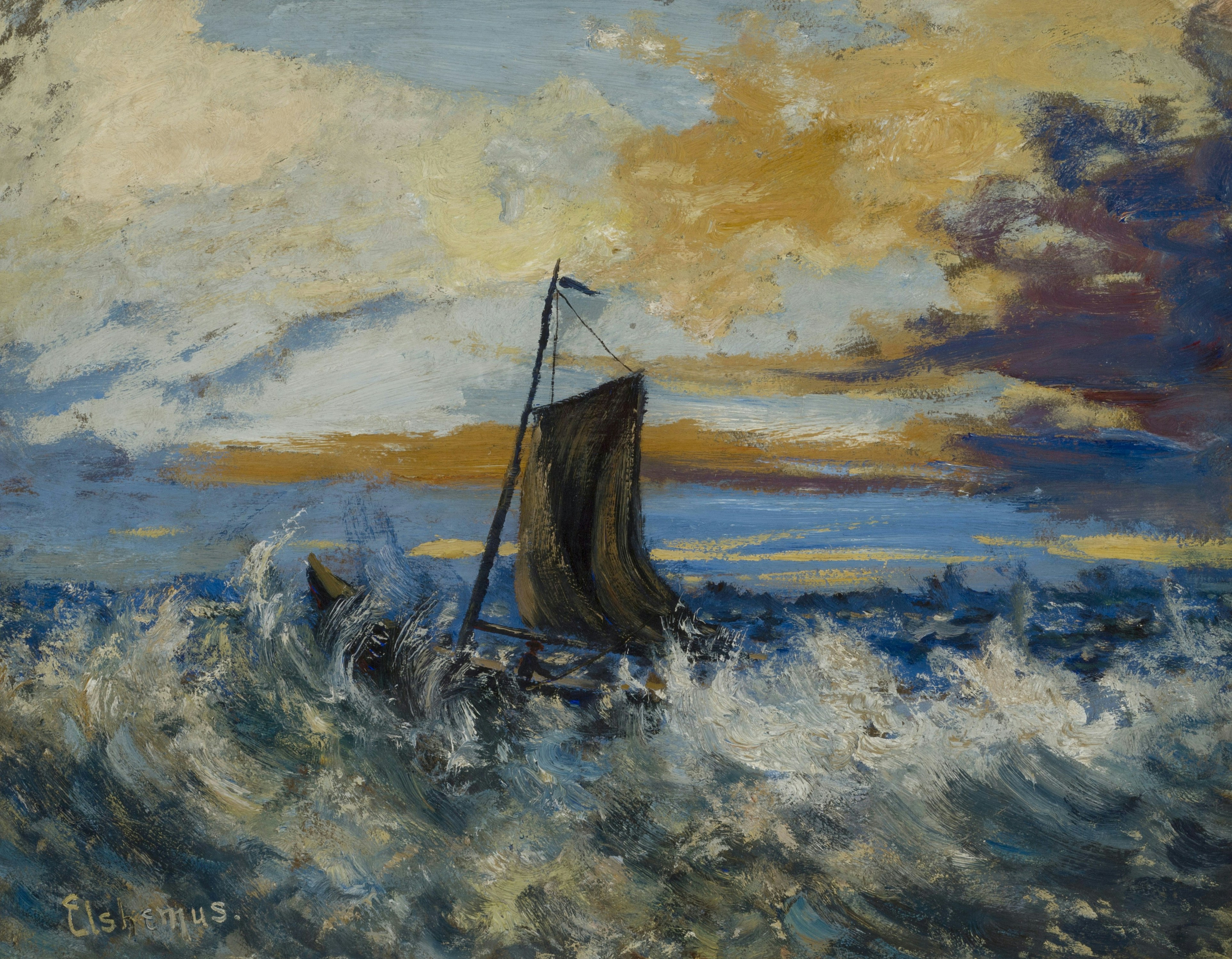 Ein Segelboot mit dunklem Segel, das durch aufgewühlte blaue Wellen unter einem bewölkten Himmel segelt
