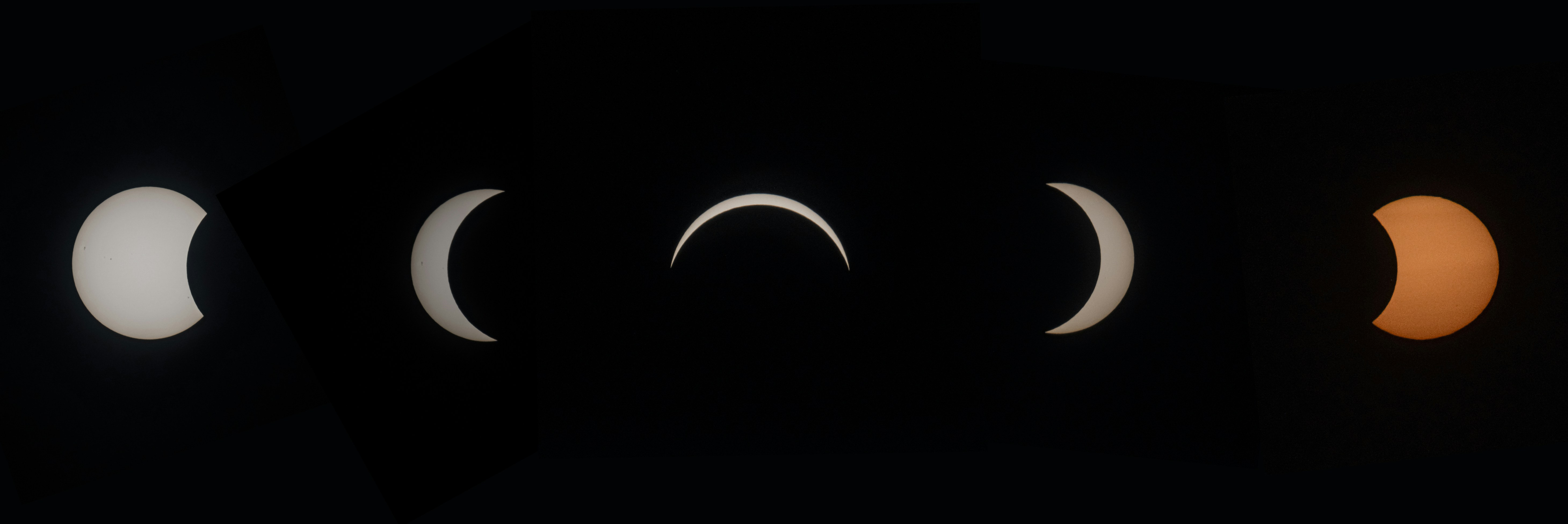 Five phases of a solar eclipse showing the moon obscuring the sun