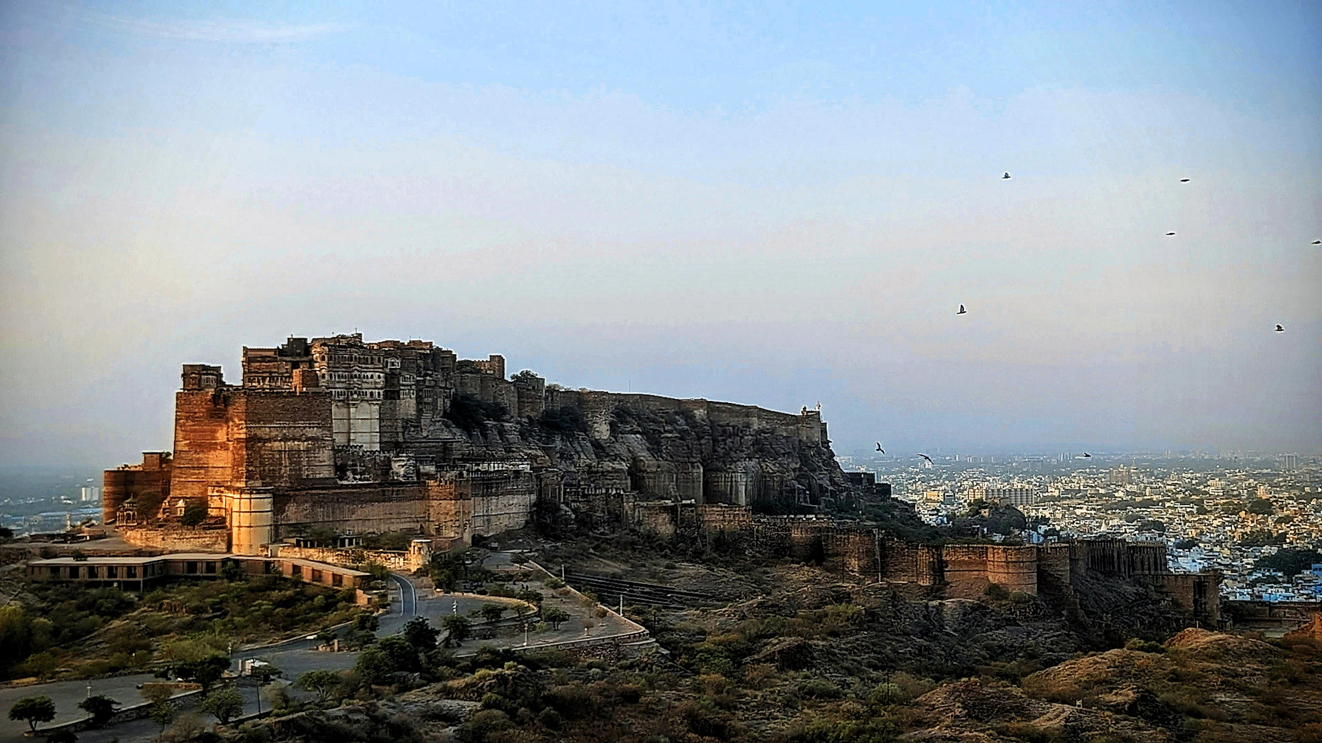 Mehrangarh Fort on a rocky hill overlooking the city of Jodhpur in India