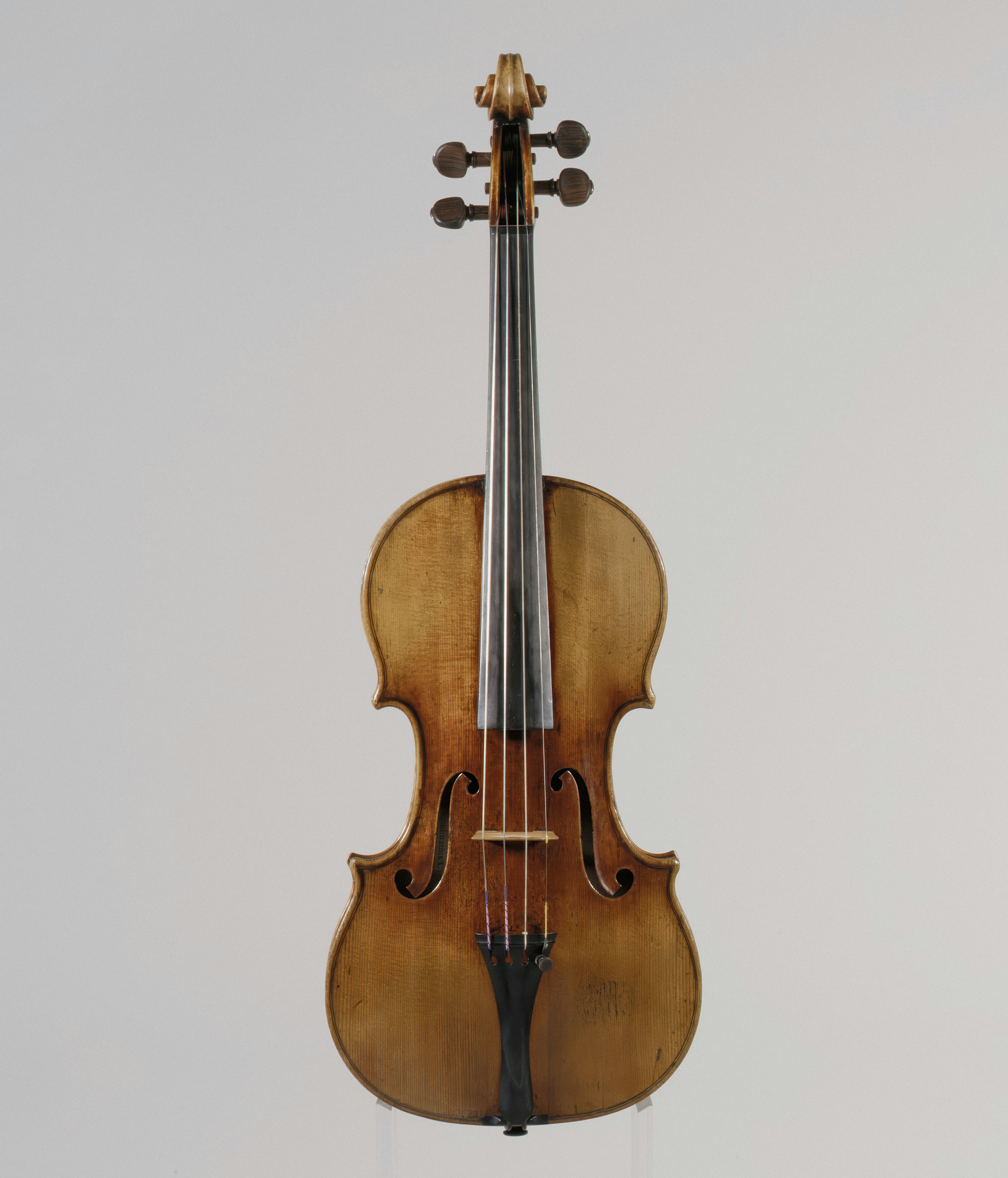 A wooden violin with a dark fingerboard and four strings on a light background