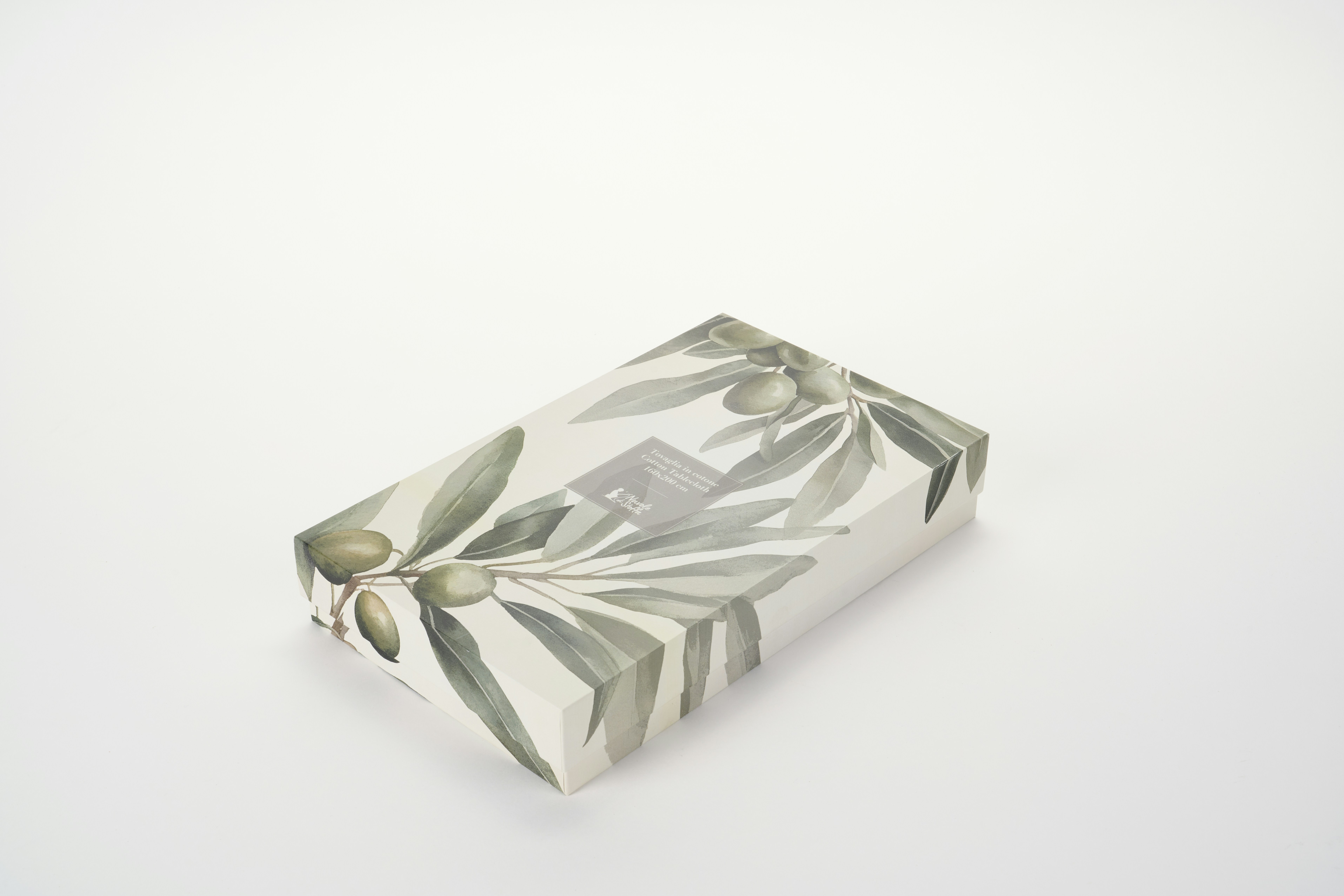 A rectangular box decorated with watercolor olive branches on a white background
