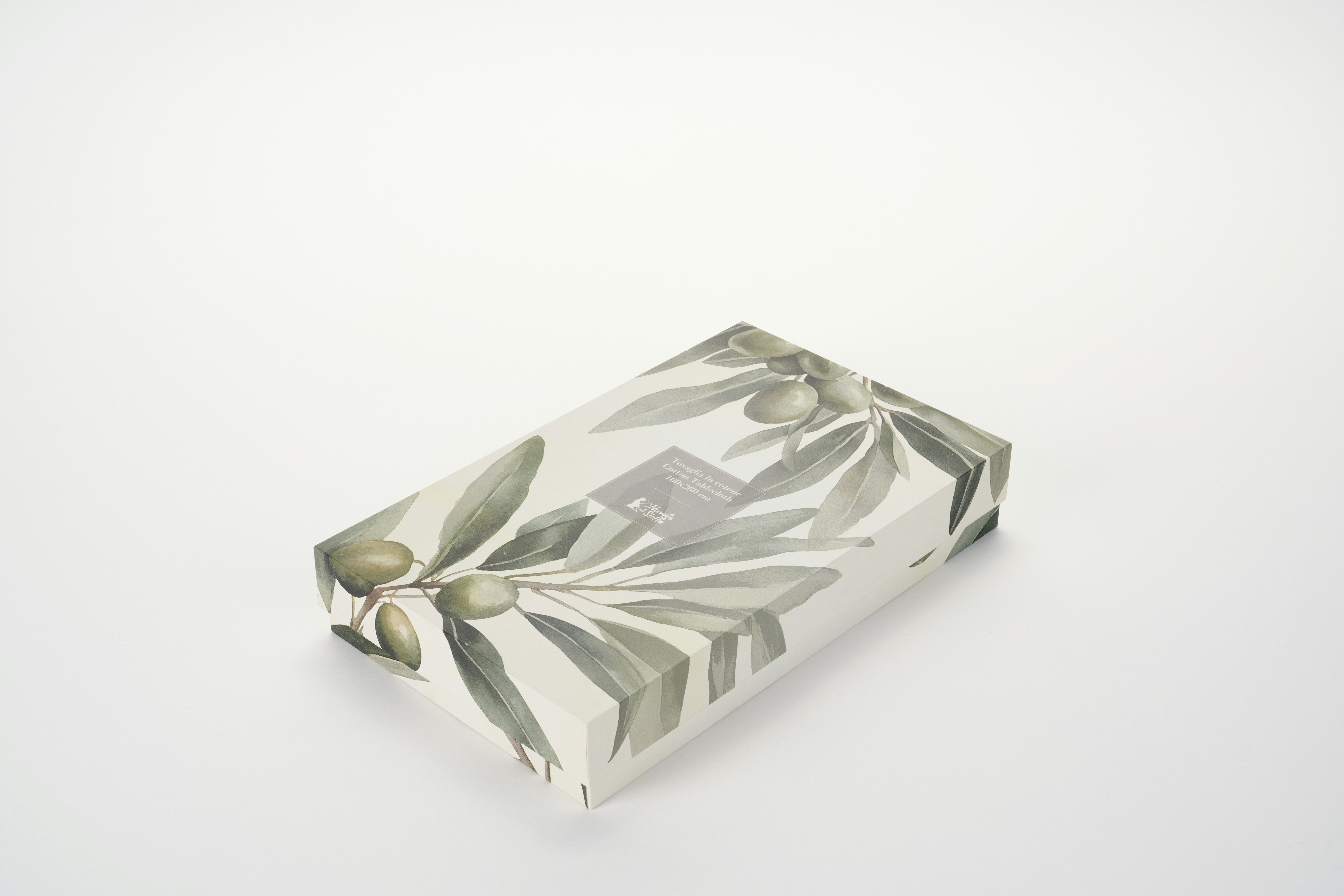 A rectangular box decorated with a watercolor olive branch pattern on a white background