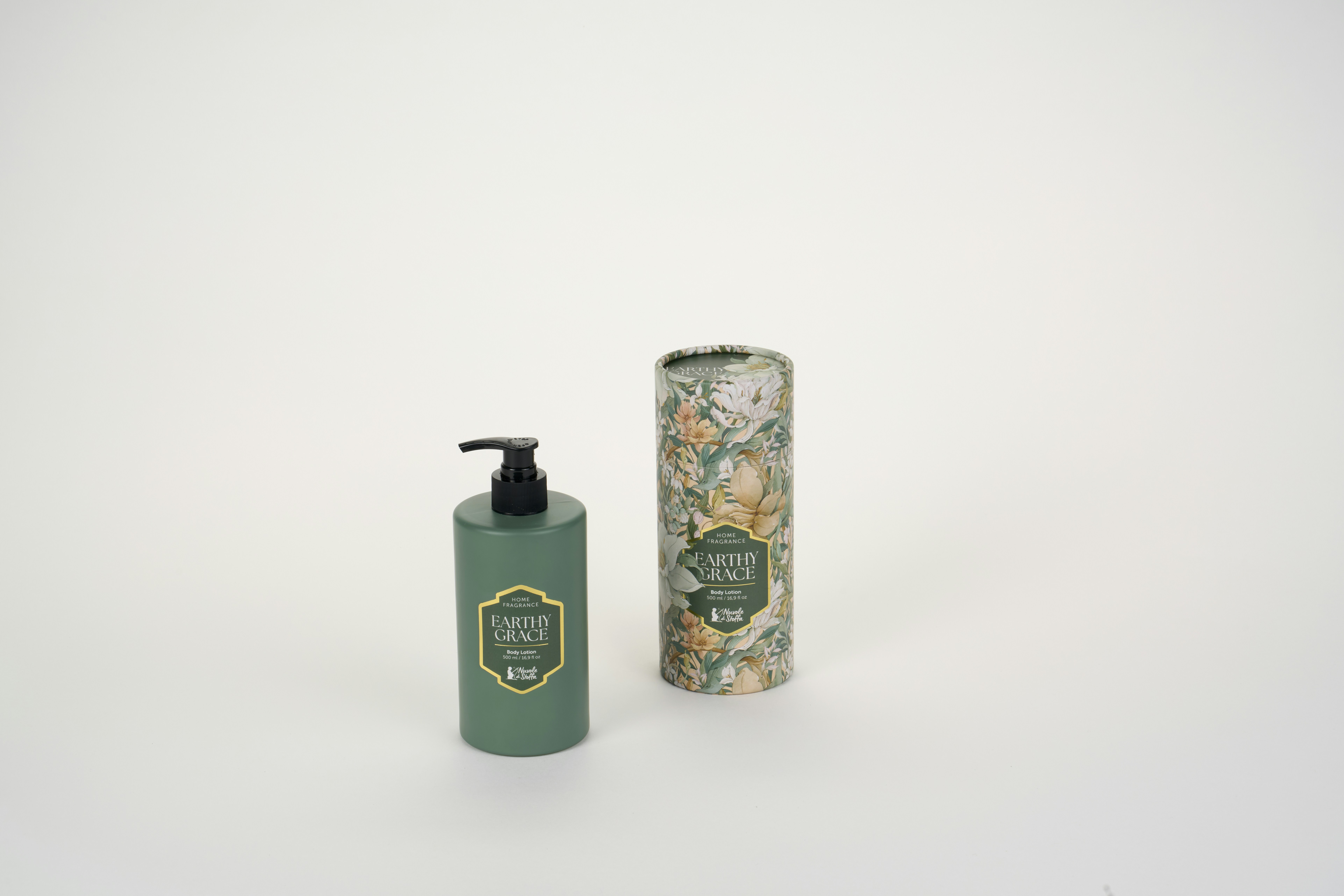 A green pump bottle and a floral patterned cylindrical box on a white surface
