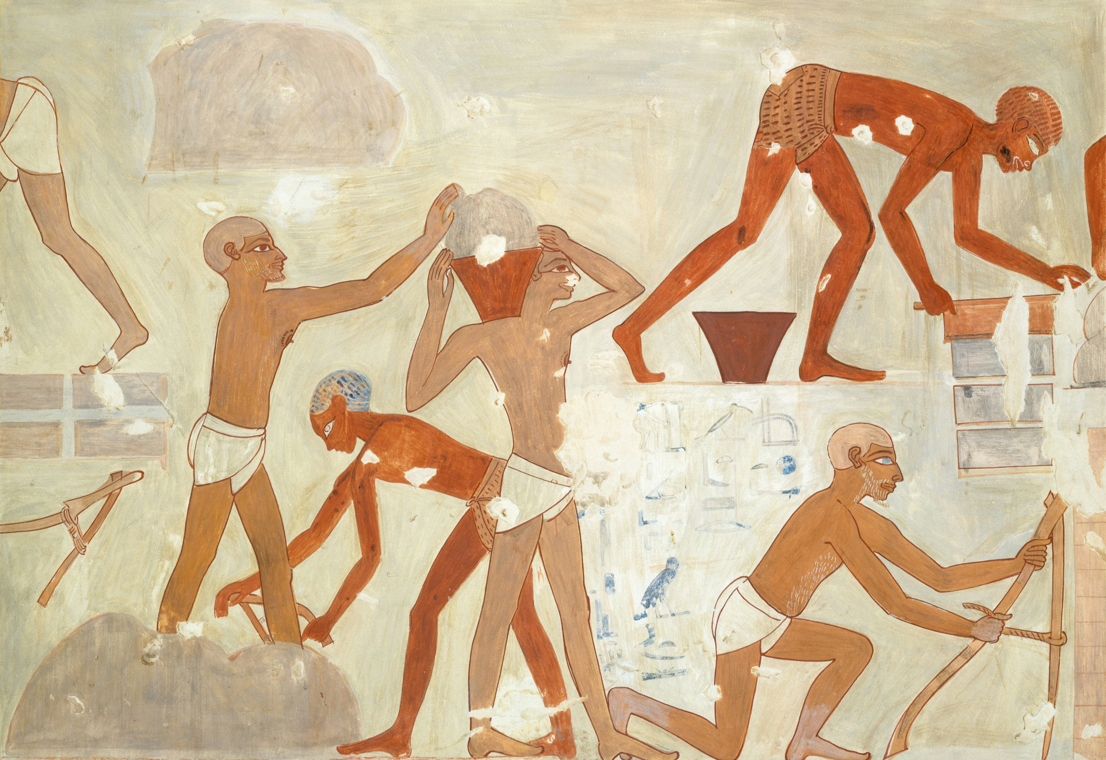 古代エジプトの壁画で、道具を使い籠を運ぶ人々の様子が描かれています