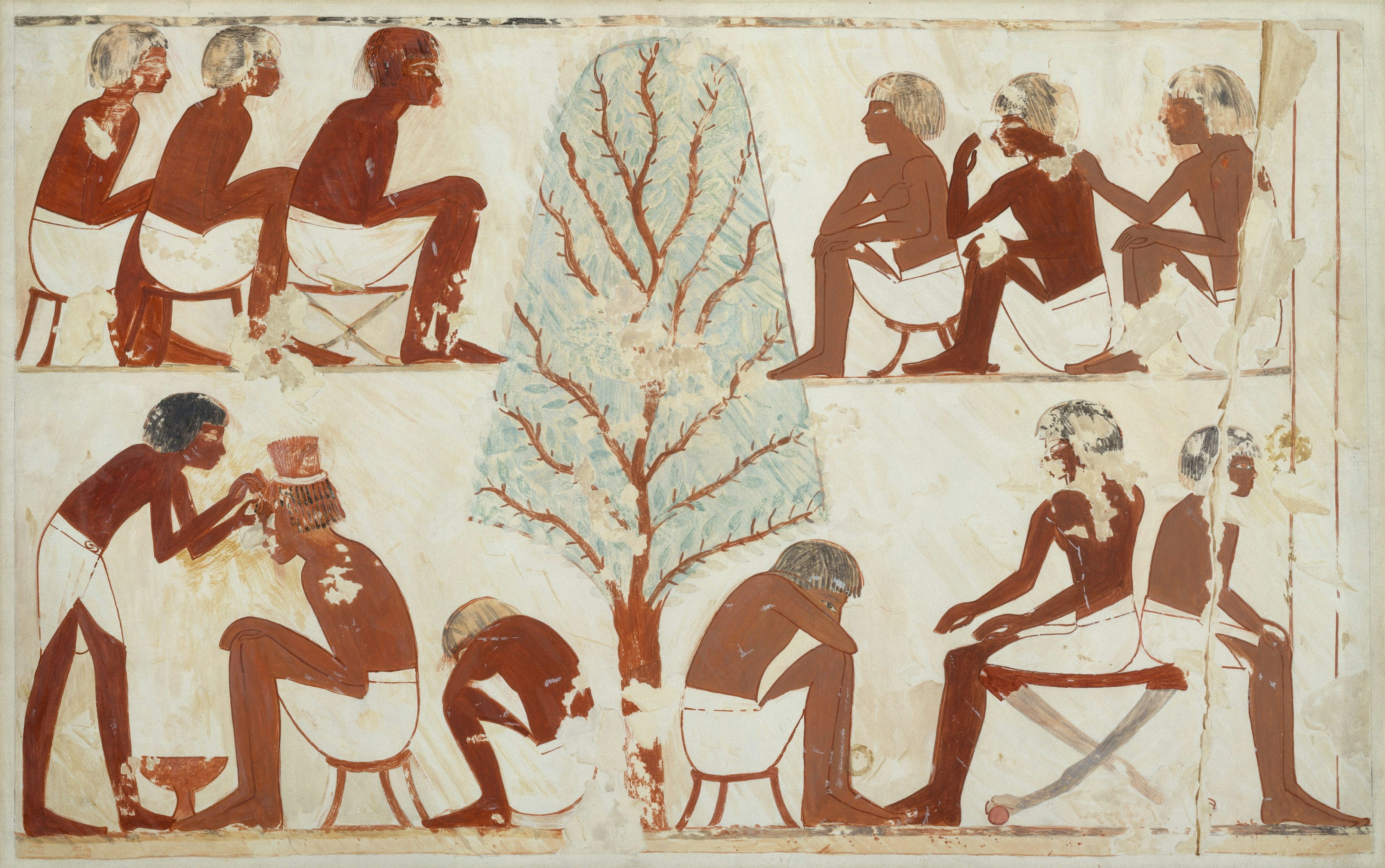 Ancient Egyptian wall painting of people grooming and resting near a central tree