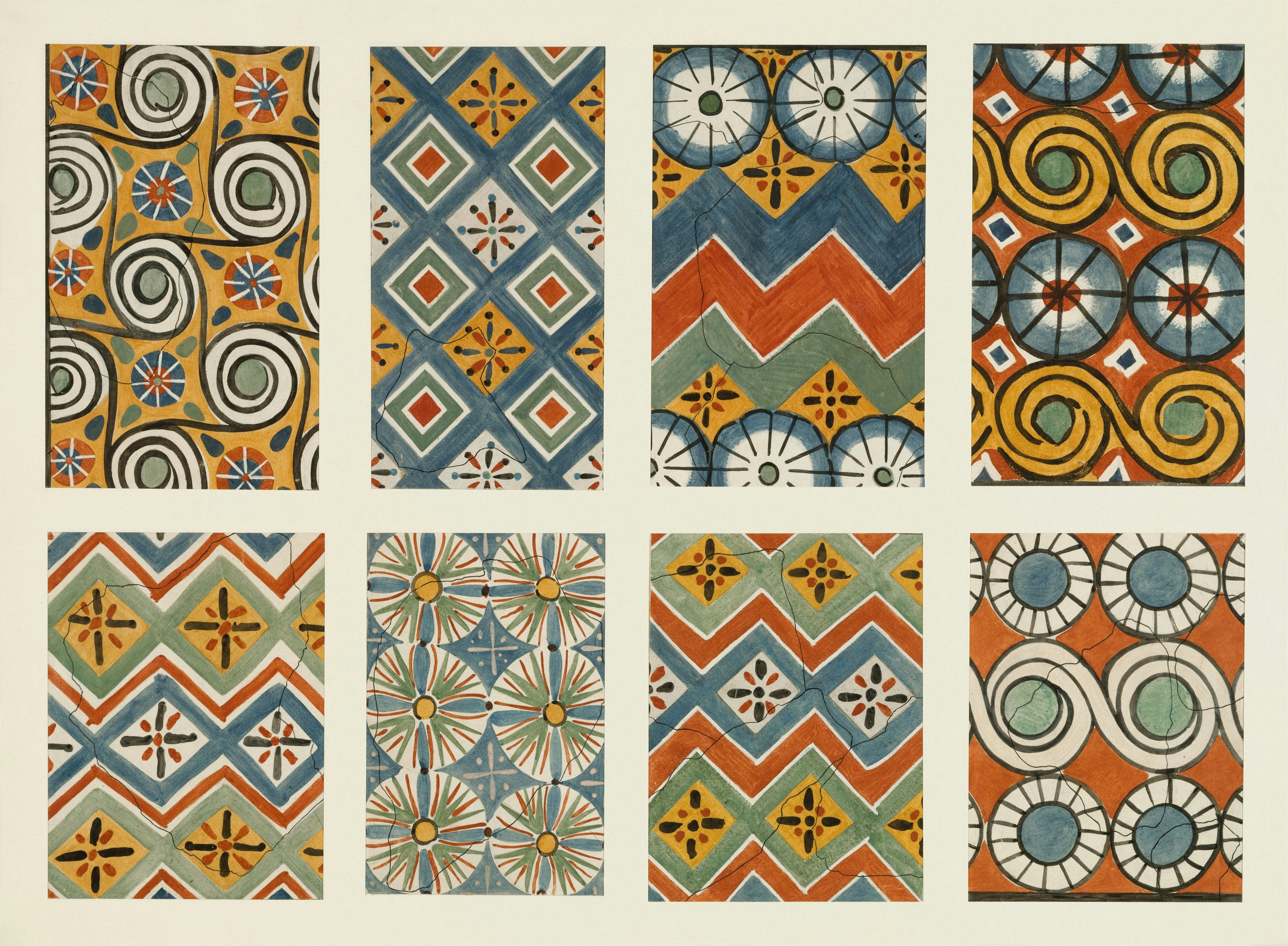 Eight rectangular panels featuring colorful geometric patterns of spirals, diamonds, and zigzags