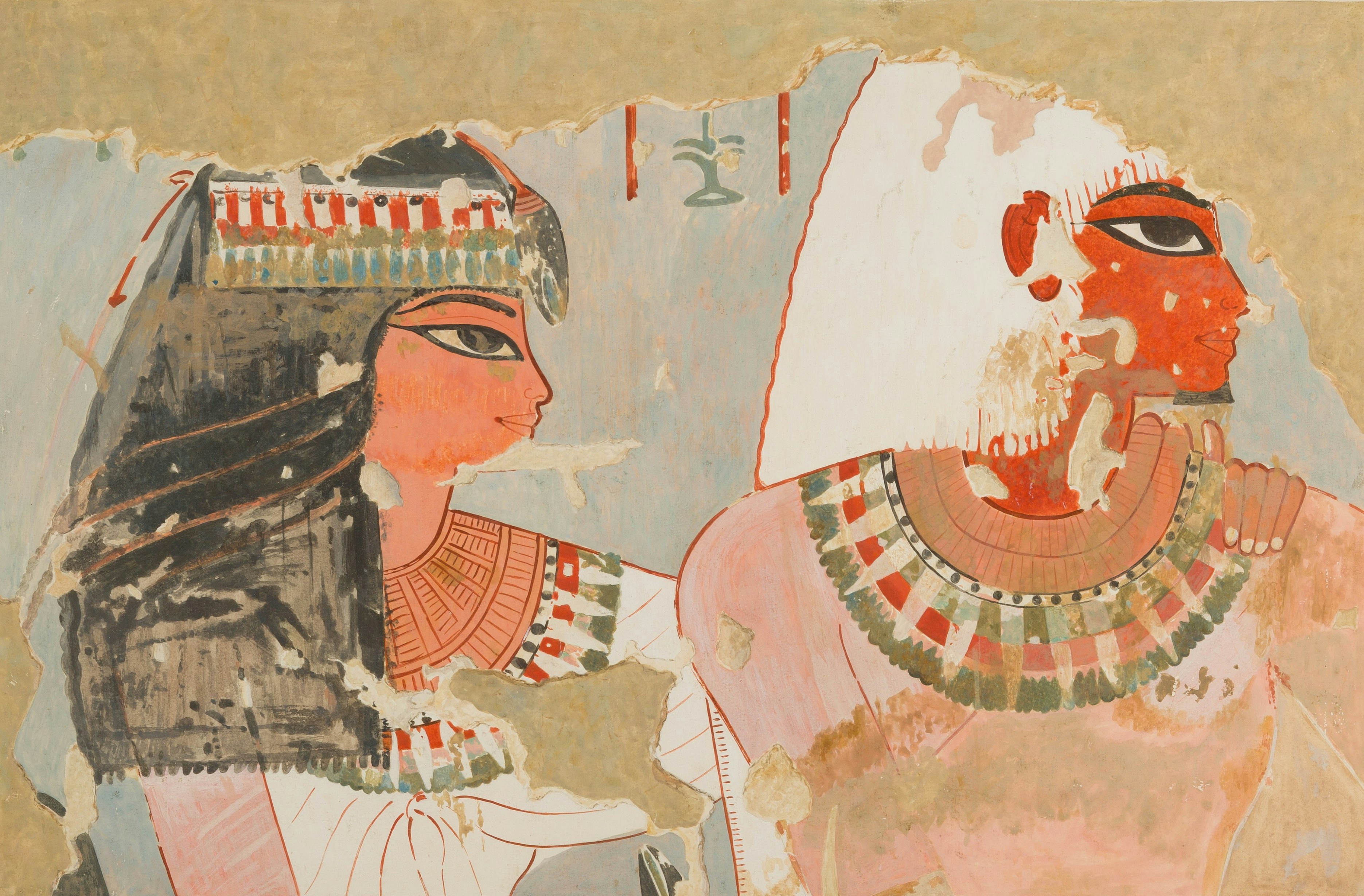 Ancient Egyptian wall painting of a woman and a man with ornate collars