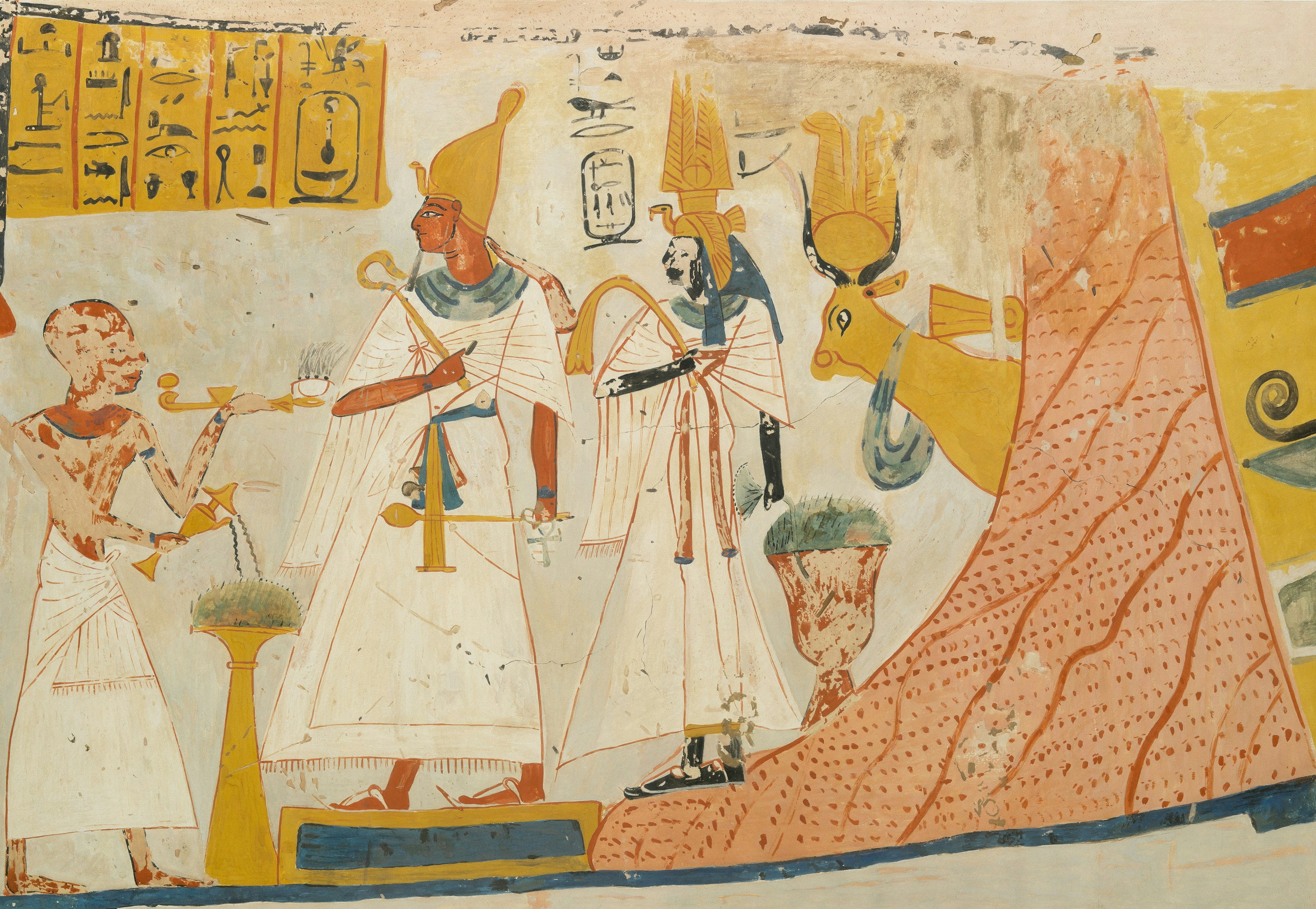 Ancient Egyptian wall painting of a priest offering incense to a king and queen