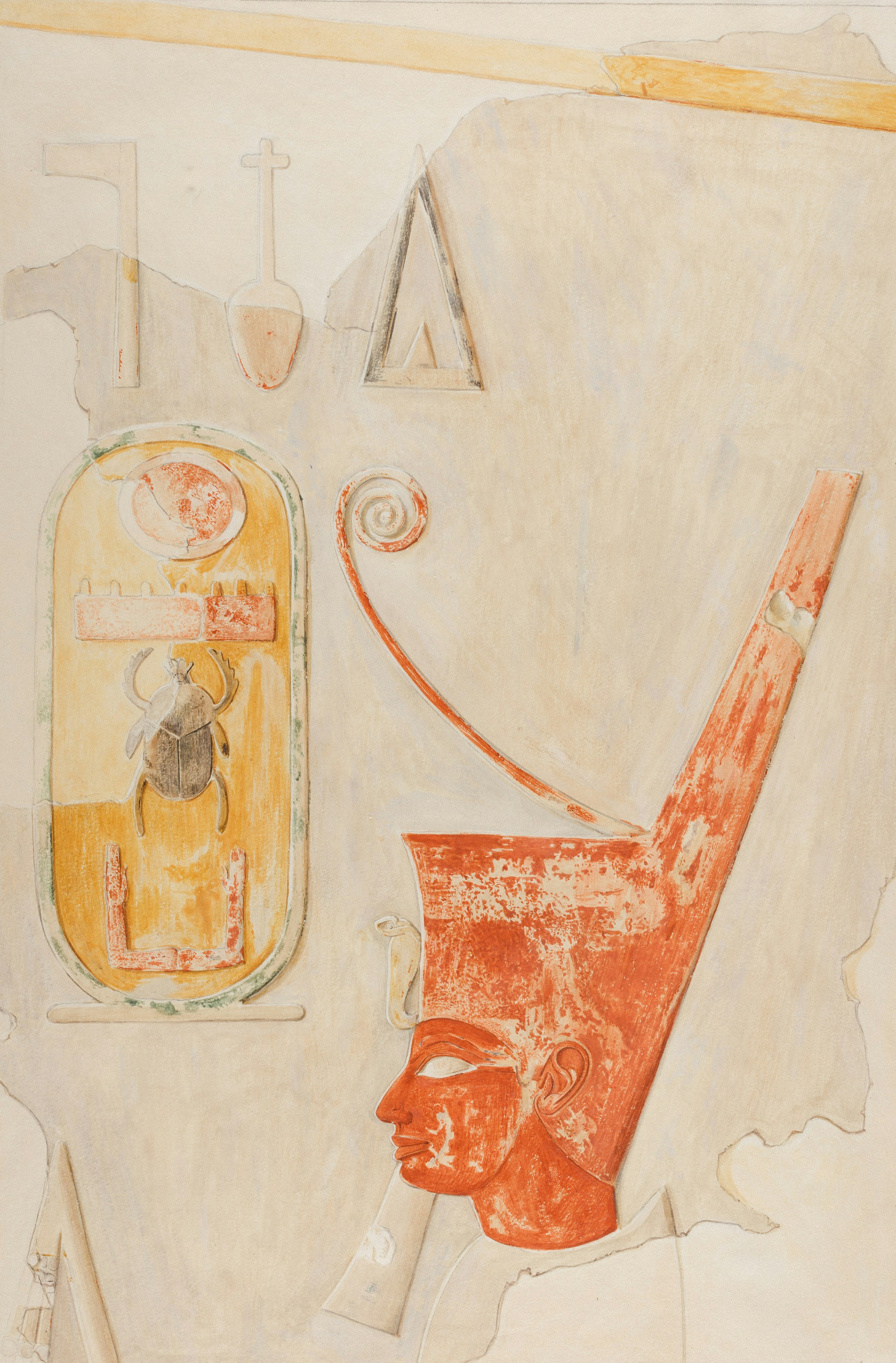 An Egyptian relief of a pharaoh in a red crown beside a scarab cartouche