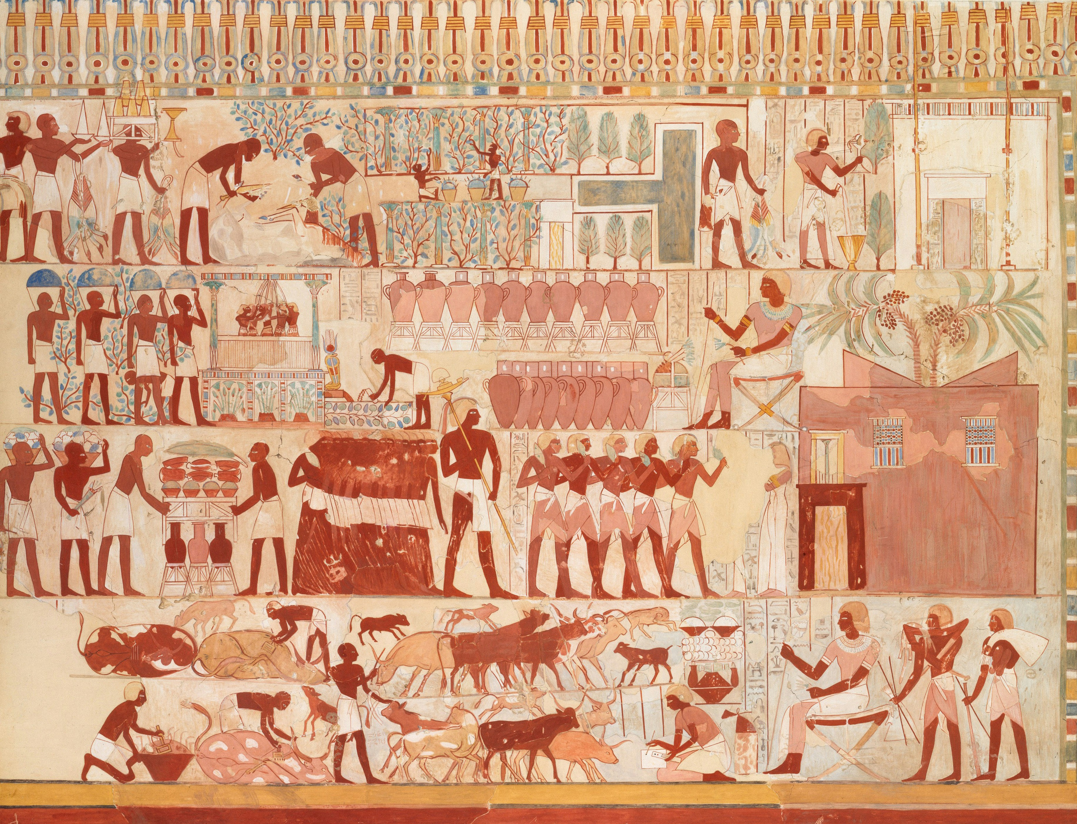 Ancient Egyptian wall painting depicting people harvesting crops, tending livestock, and preparing food
