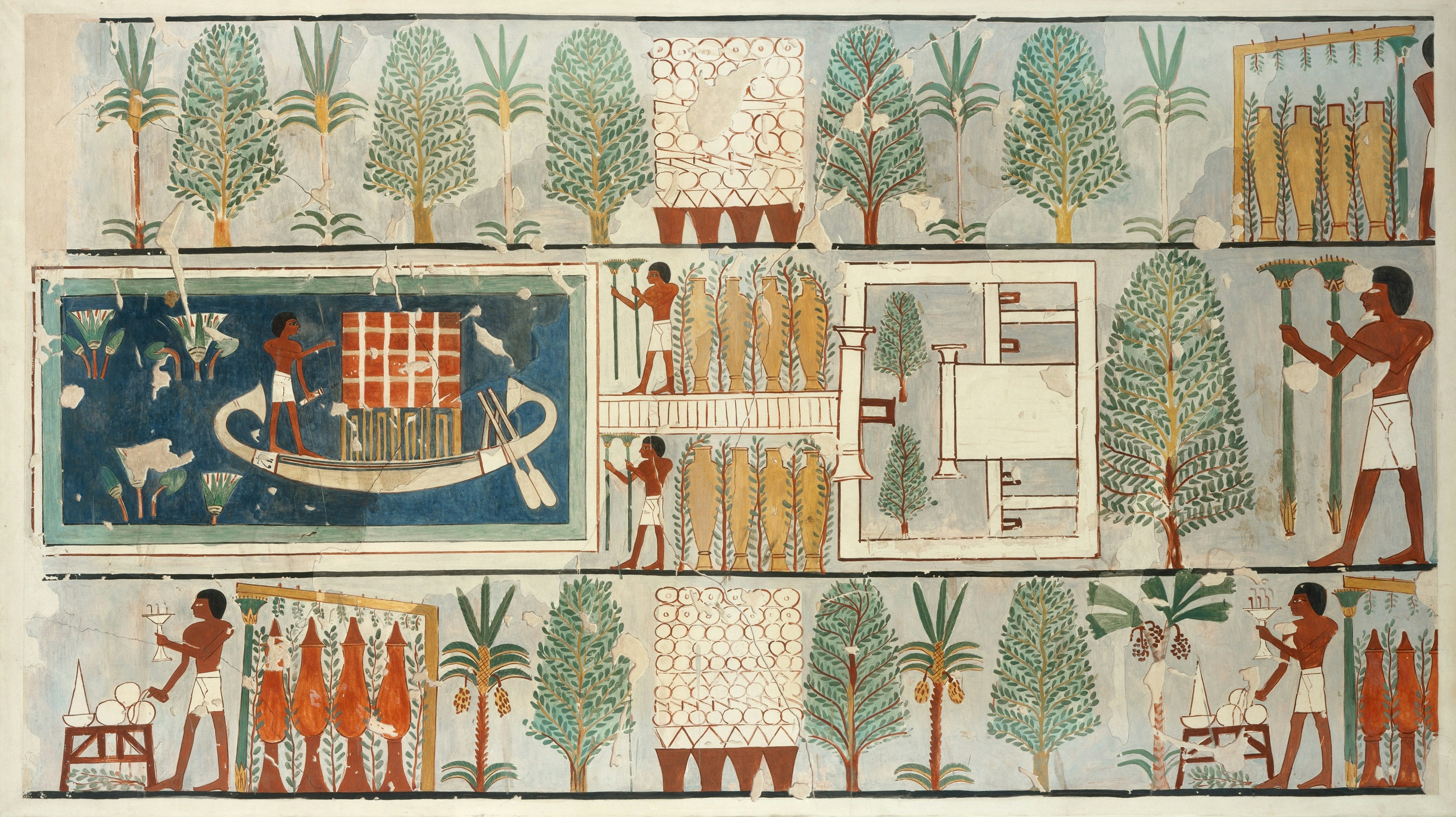 Ancient Egyptian wall painting depicting people, trees, and a boat on water
