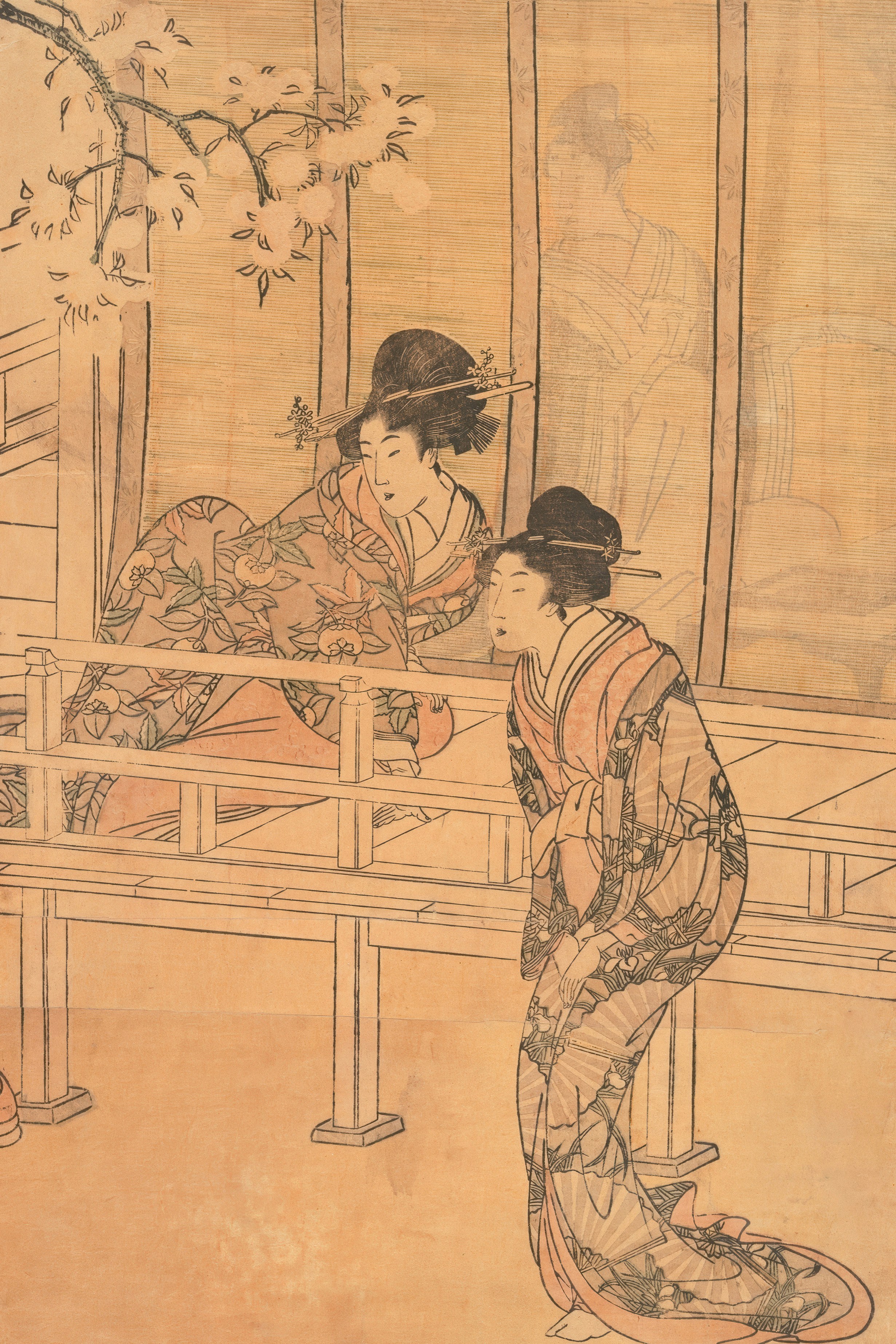 Two women in patterned kimonos on a wooden veranda with a flowering branch