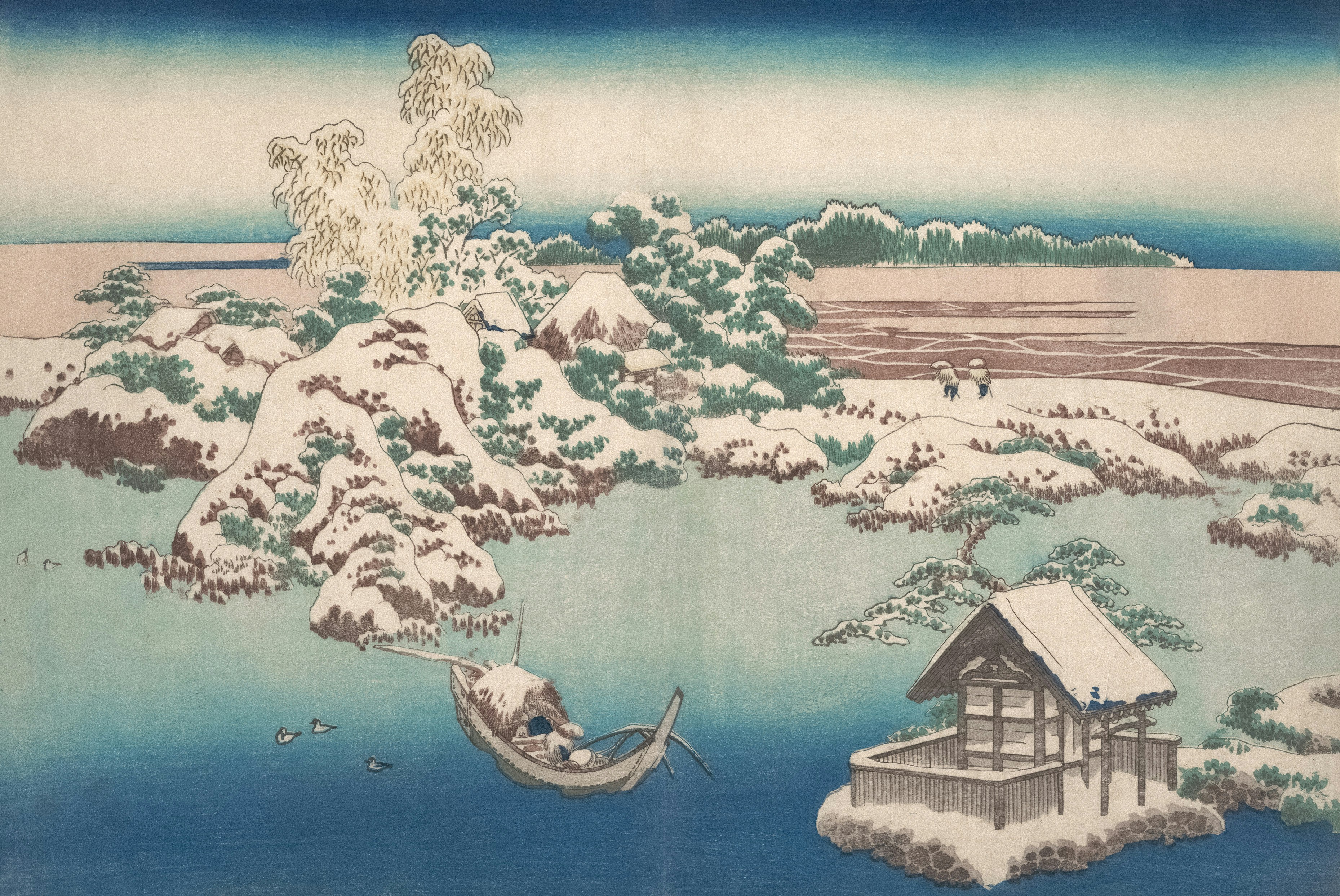 A snow-covered landscape with a small boat and a shrine on a rocky island