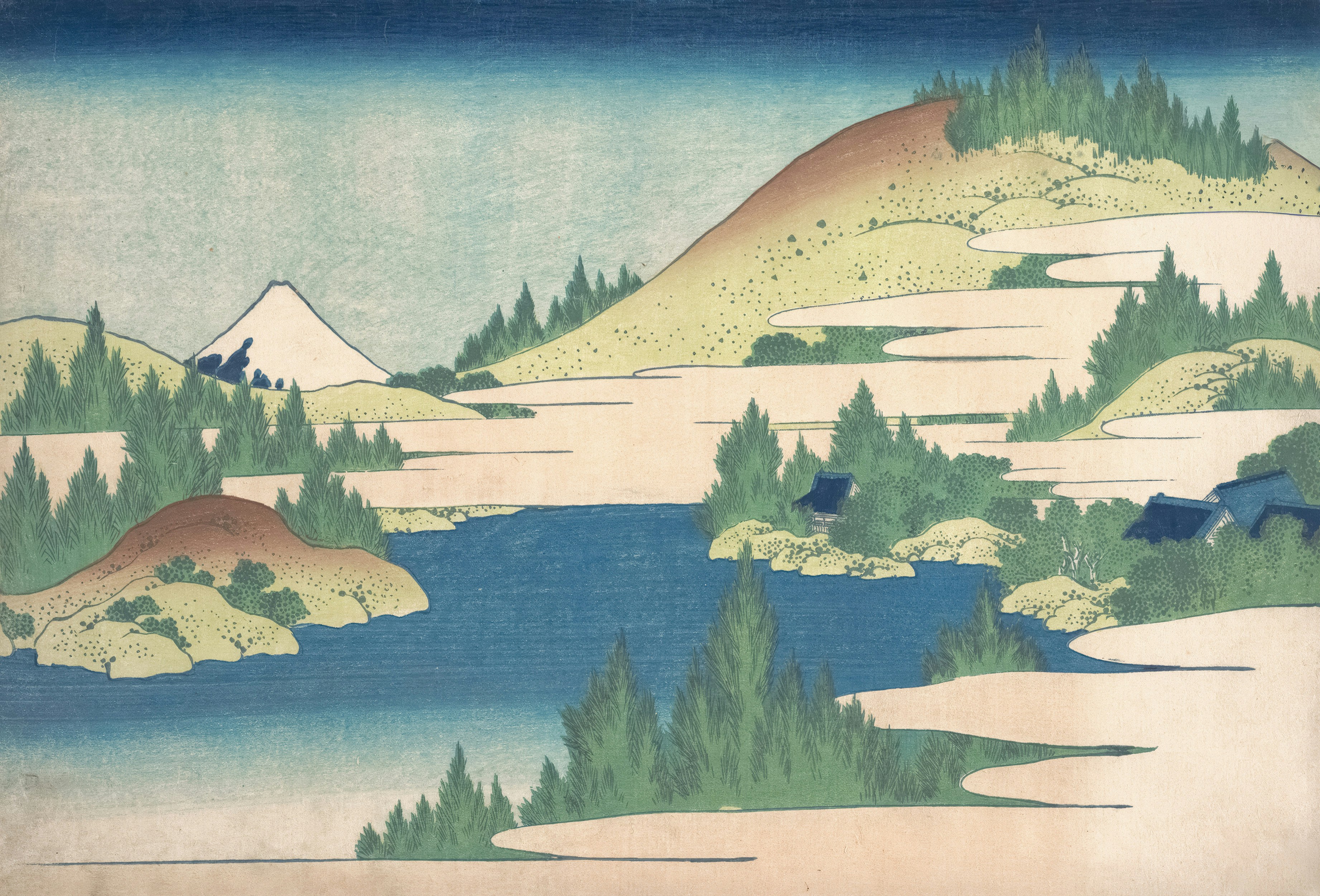 A stylized landscape with a blue lake, green trees, and a distant mountain