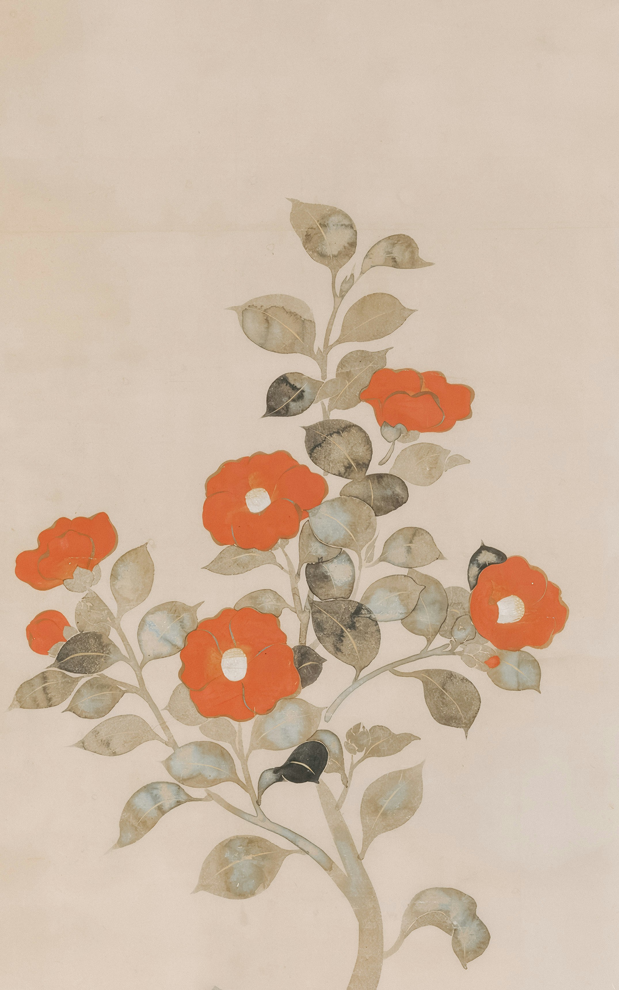 A branch with orange camellia flowers and muted green leaves on a beige background
