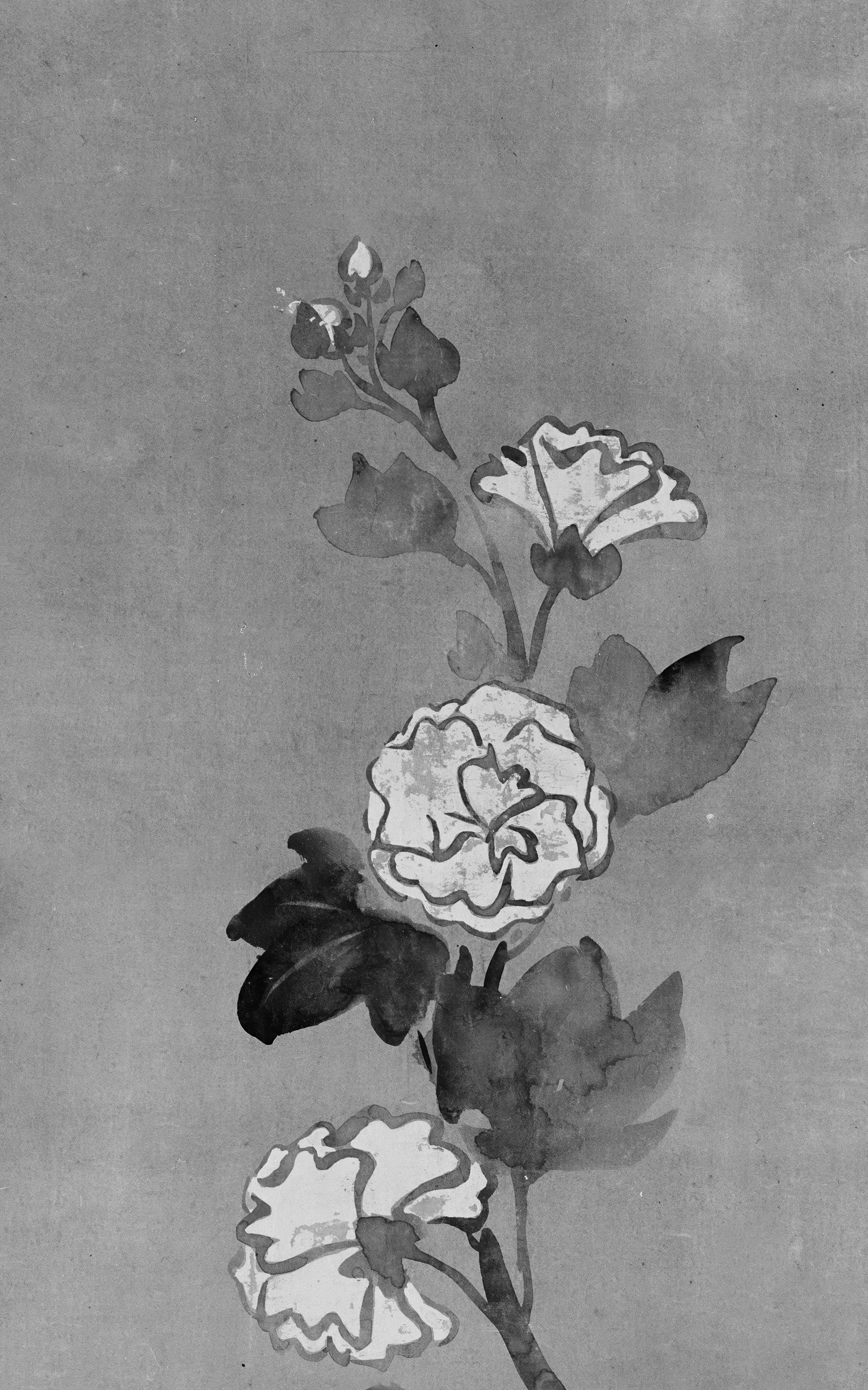 A monochrome ink wash painting of flowers and leaves on a textured background