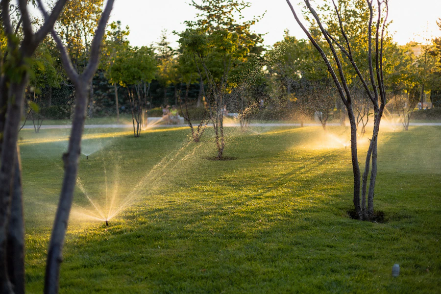 Sprinklers at sunset among young trees