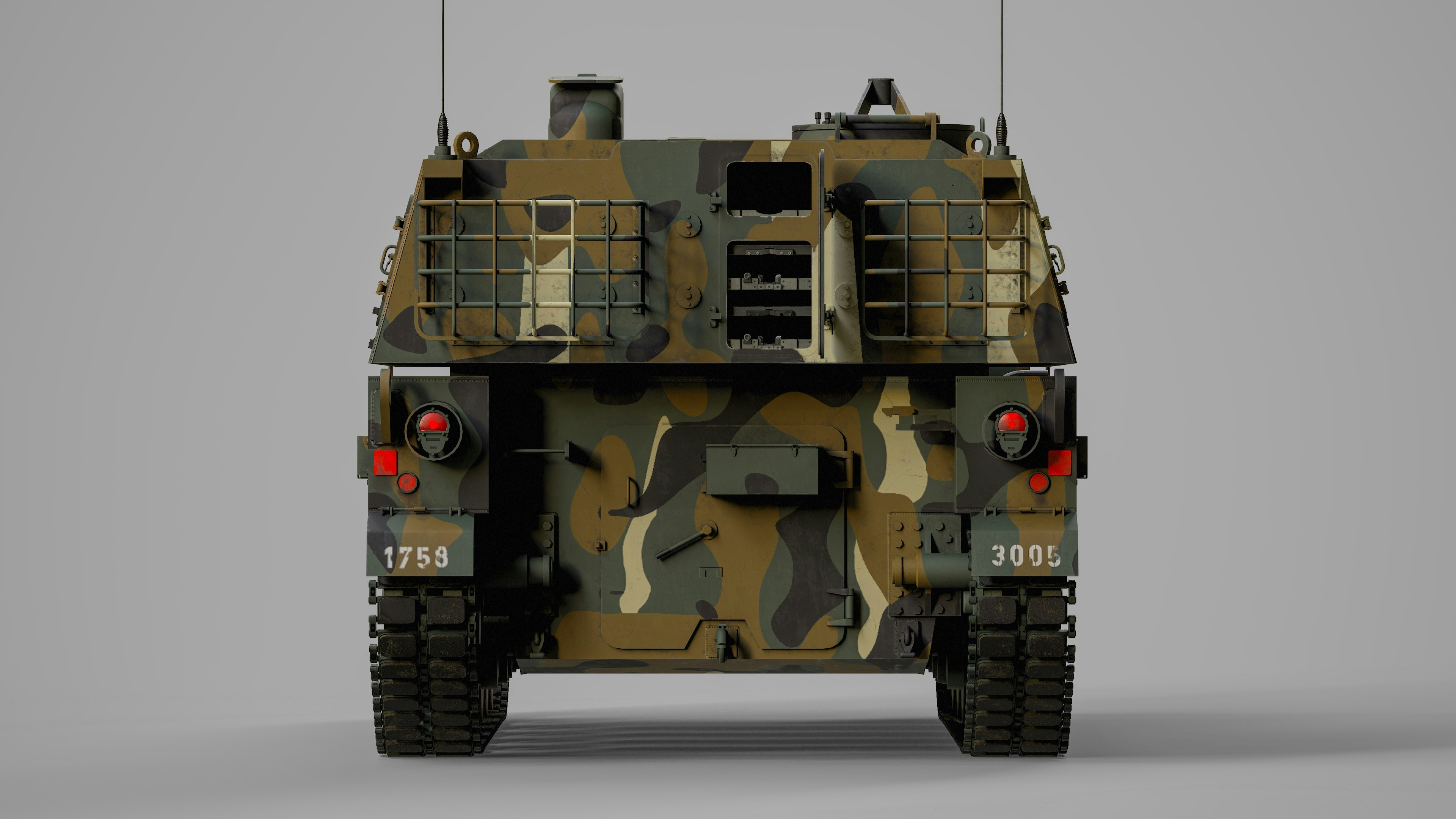 軌跡と赤いライトが付いた迷彩された軍用車両の後方ビュー