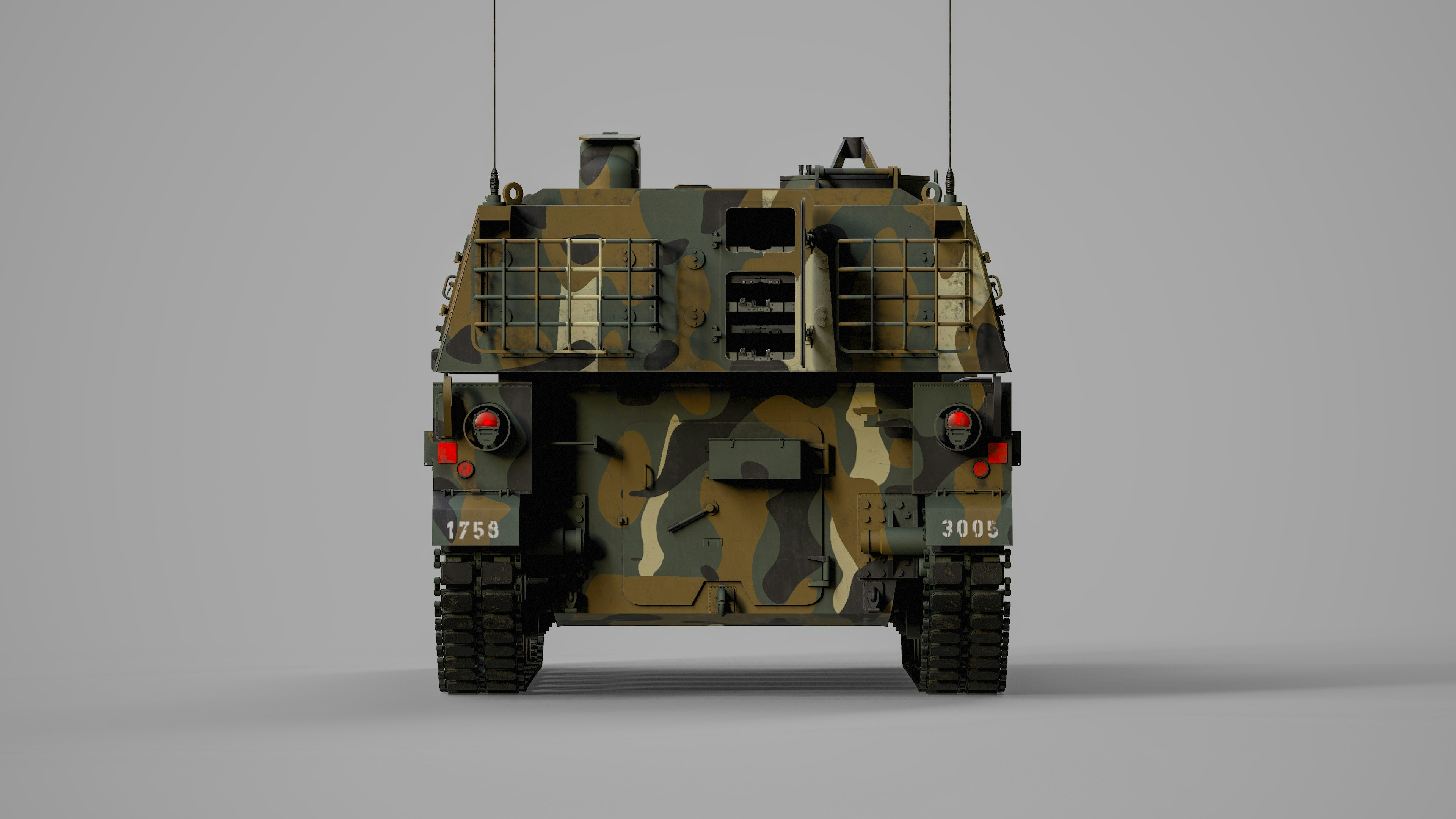 1759および3005の番号が刻まれた迷彩された軍用戦車の後方図