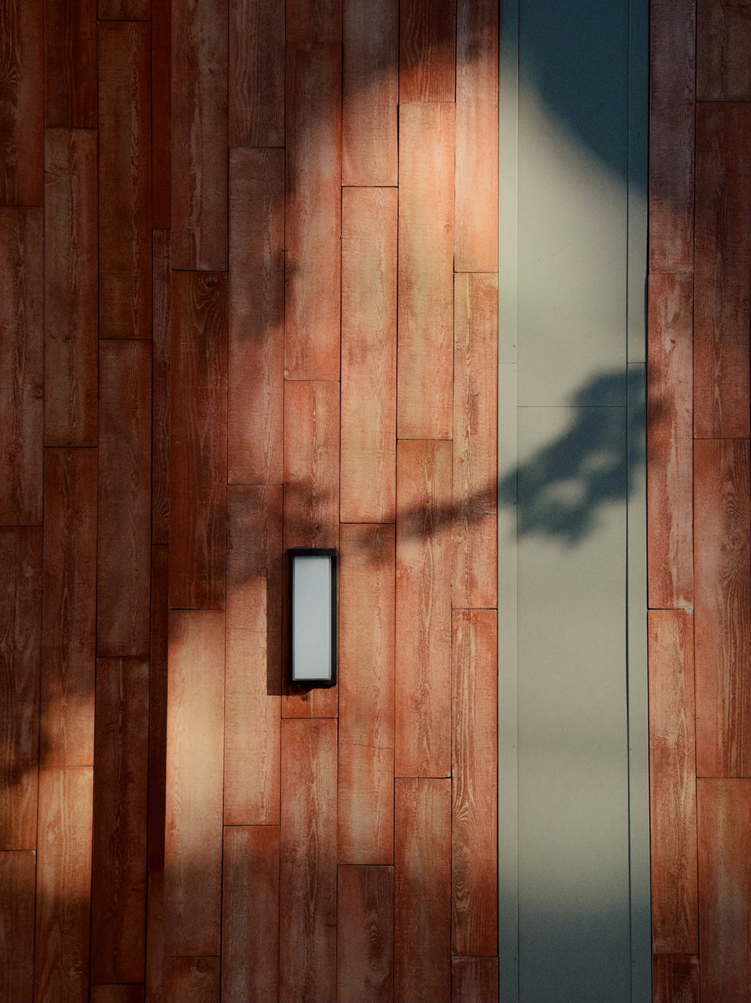 A rectangular wall lamp on a vertical wood panel wall with tree shadows