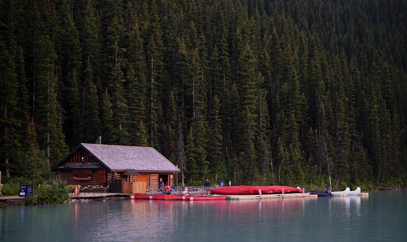Wooden cabin on a lake among pine trees