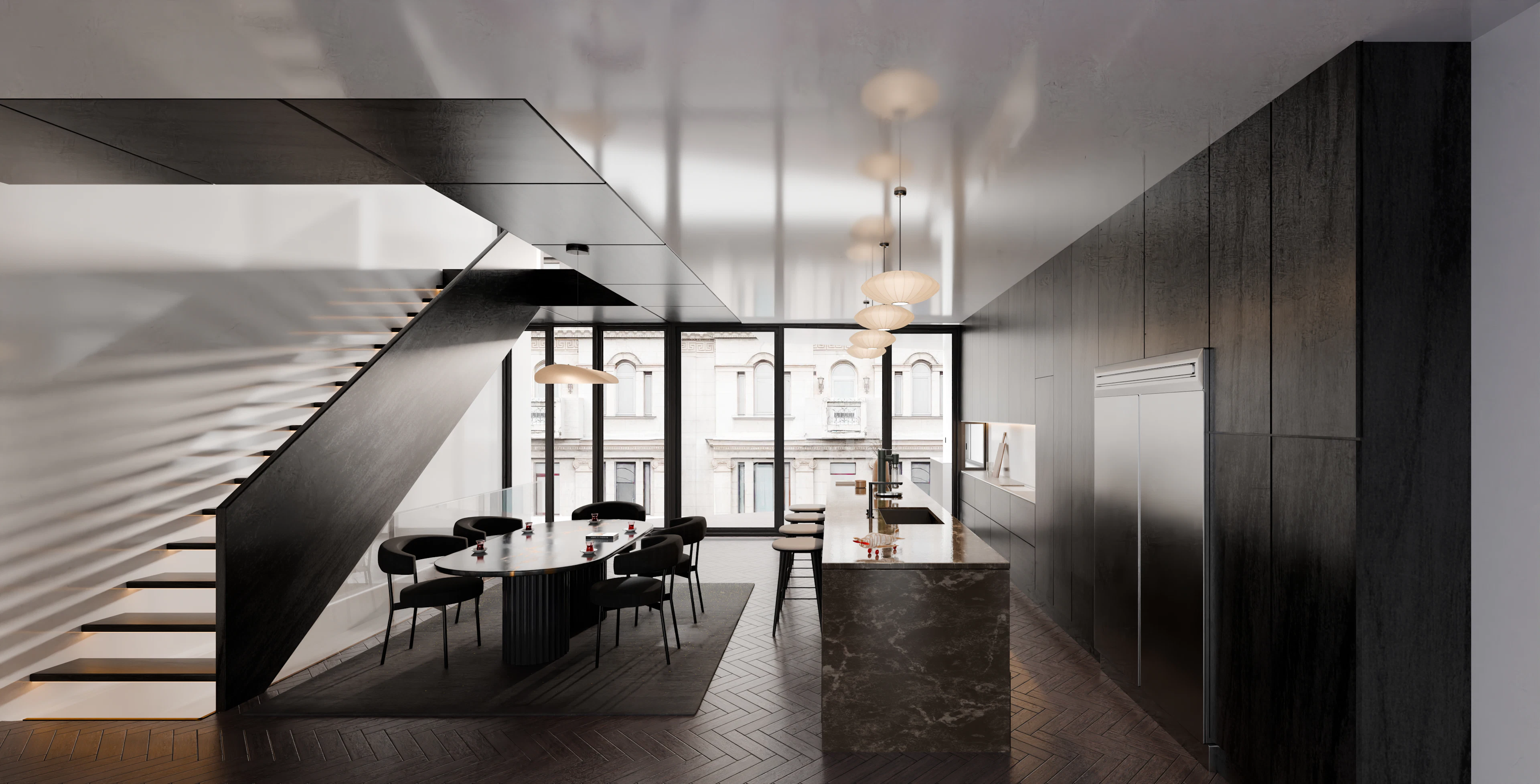 Architectural custom kitchen with integrated dark cabinetry